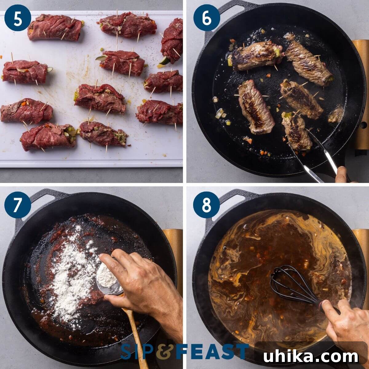 Hearty German Beef Rouladen 5 Recipe collage group two showing toothpicks in beef rolls, searing the rouladen in cast iron pan, adding flour to the pan, and whisking the sauce.