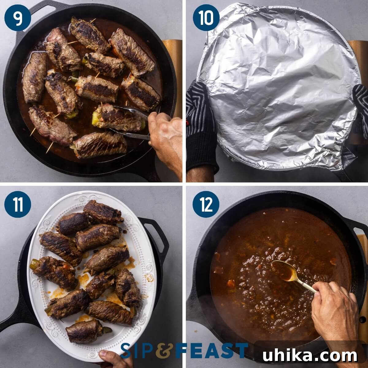 Hearty German Beef Rouladen 6 Recipe collage three showing rouladen added to the sauce, covering the pan with foil, removing the beef rolls from the sauce, and thickening the sauce.
