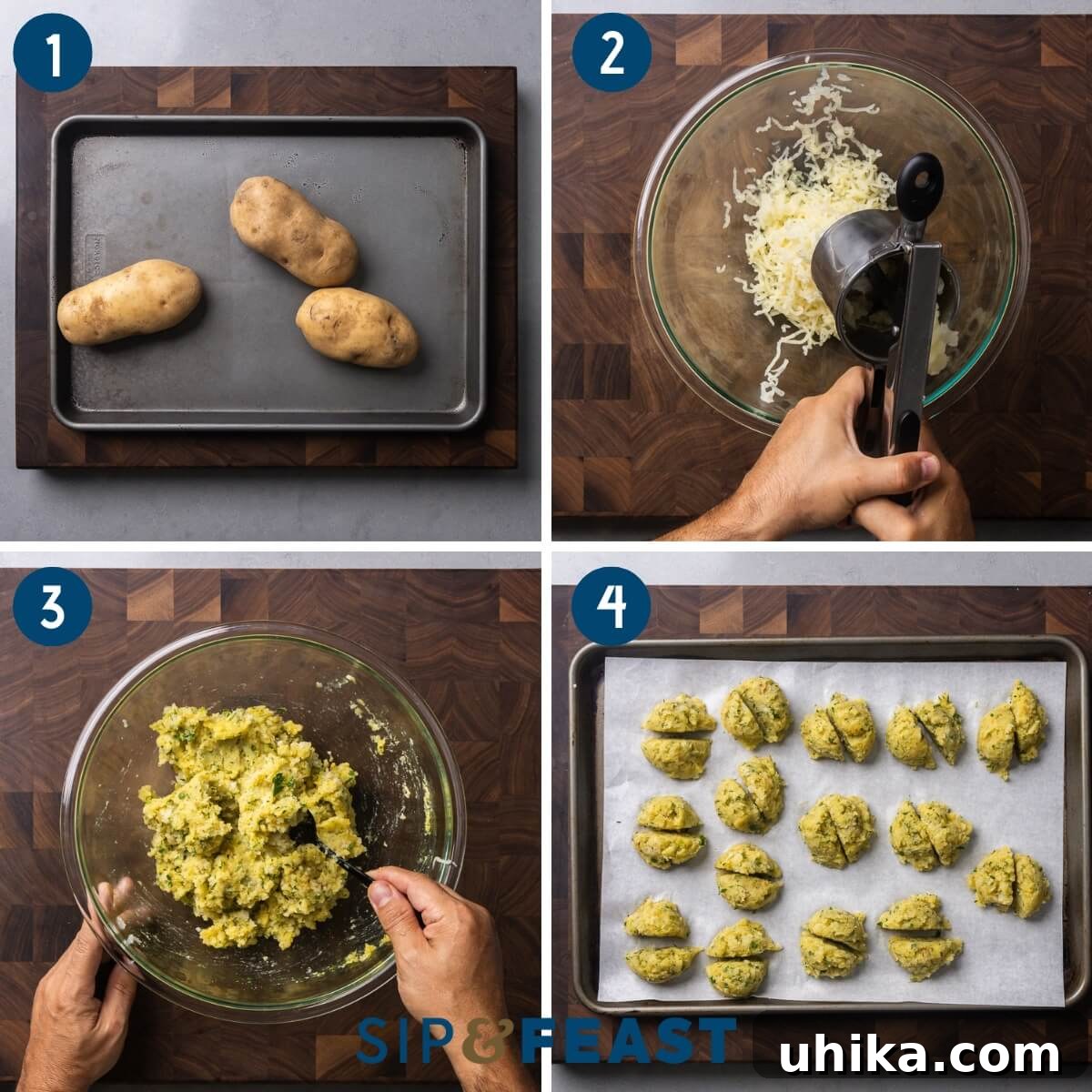 Crispy Italian Potato Bites 4 Step-by-step collage showing potatoes on a baking sheet, ricing potatoes into a bowl, mixing ingredients, and forming potato balls on parchment paper.