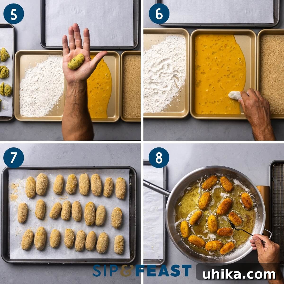 Crispy Italian Potato Bites 5 Recipe collage demonstrating the croquette-making process: shaping, breading with flour, egg, and breadcrumbs, arranging on a baking sheet, and finally, frying the croquettes.