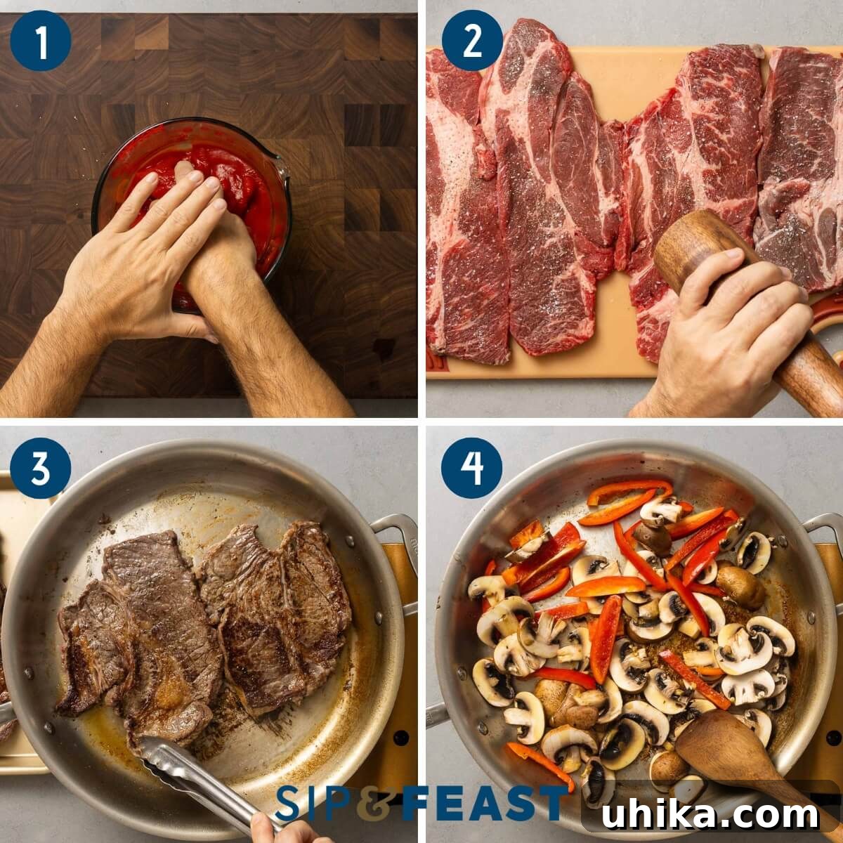Classic Steak Pizzaiola 5 4 part steak pizzaiola process shot collage showing hand crushing tomatoes, seasoning the steaks, searing the steaks, and sauteeing the mushrooms and peppers.