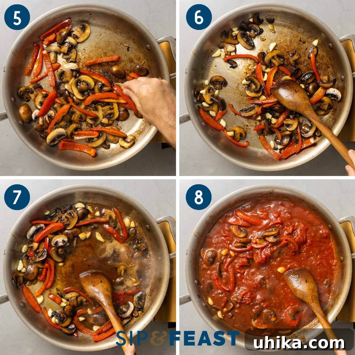 Classic Steak Pizzaiola 6 Process collage group number two showing seasoning the mushrooms, adding garlic, deglazing the pan, and simmering with plum tomatoes.