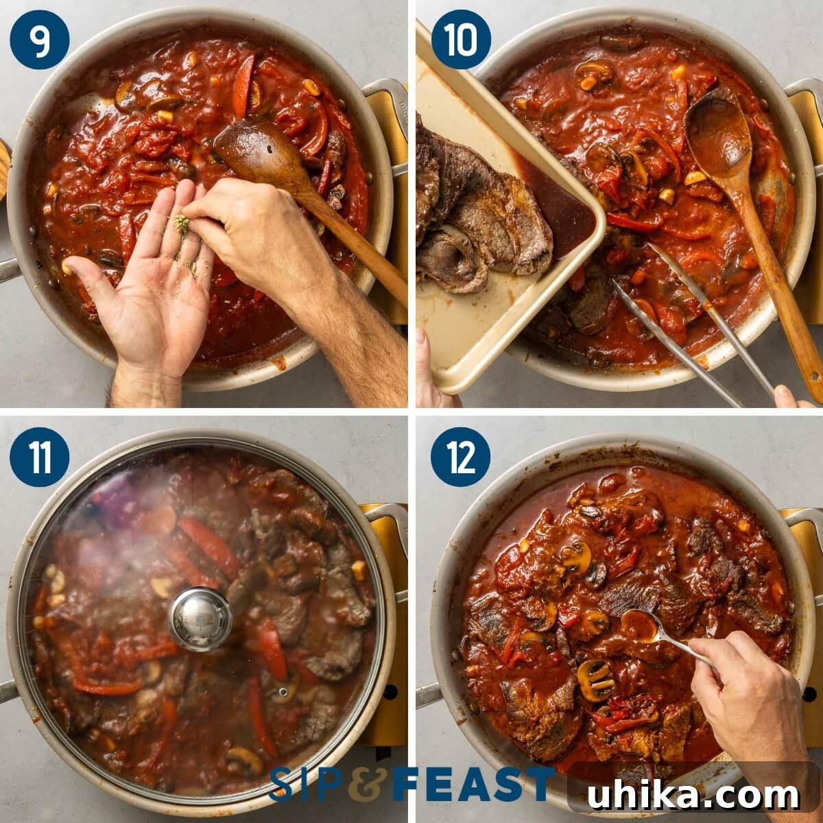 Classic Steak Pizzaiola 7 Process shot collage group three showing seasoning with oregano, adding the chuck steaks to pan, simmering with covered lid, and testing the finished dish.