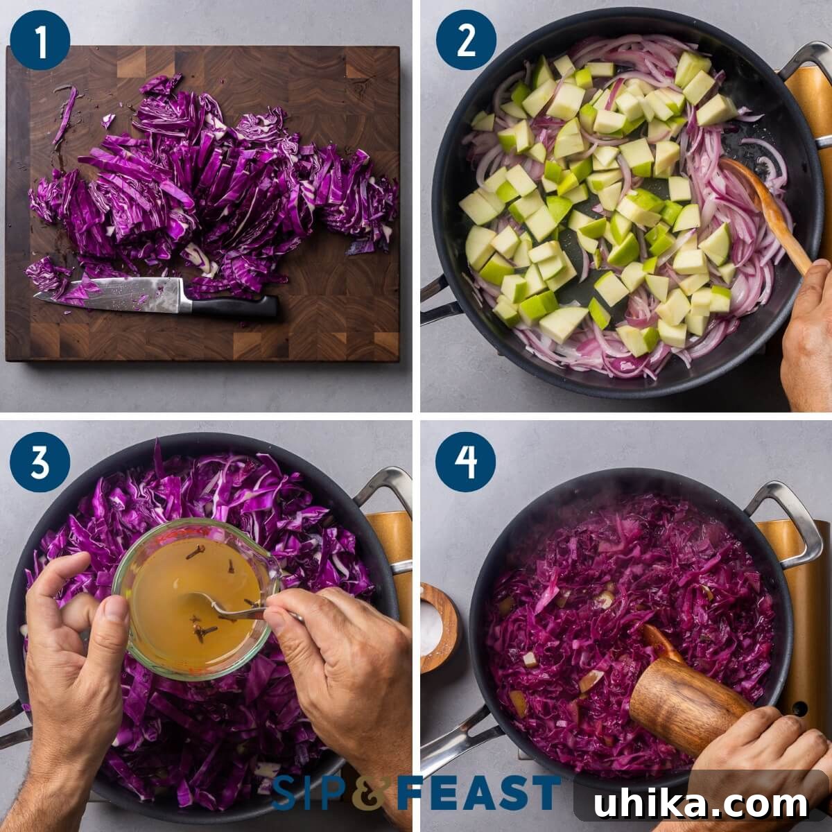 Classic German Red Cabbage 4 German red cabbage recipe process collage showing thinly sliced red cabbage on a cutting board, onions and apples sautéing in a large pan, vinegar and sugar mixing in a measuring cup, and the finished dish being seasoned.