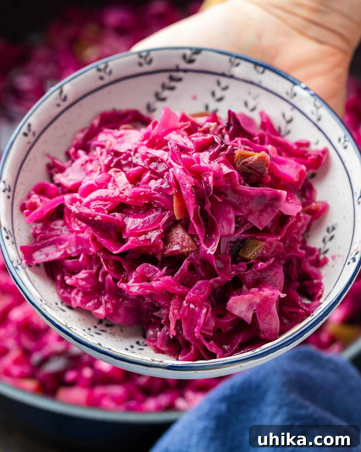 Classic German Red Cabbage 5 Bowl of sweet and sour German red cabbage held in hand, showing its vibrant color.