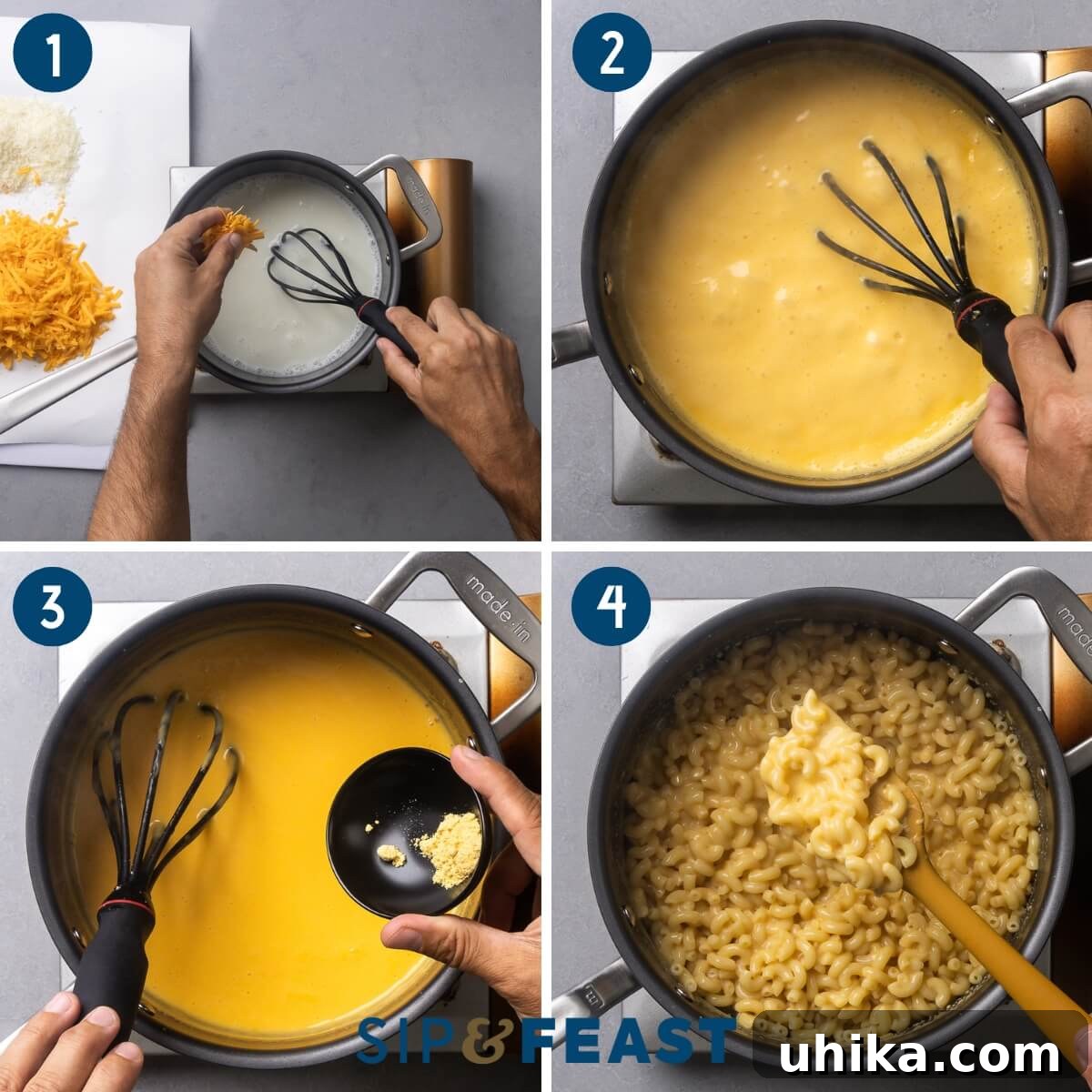 A four-panel collage showing the process of making stovetop mac and cheese: mixing cheese into simmering milk, whisking the cheese sauce, stirring in dry mustard, and finally, a spoonful of the finished macaroni in cheese sauce.