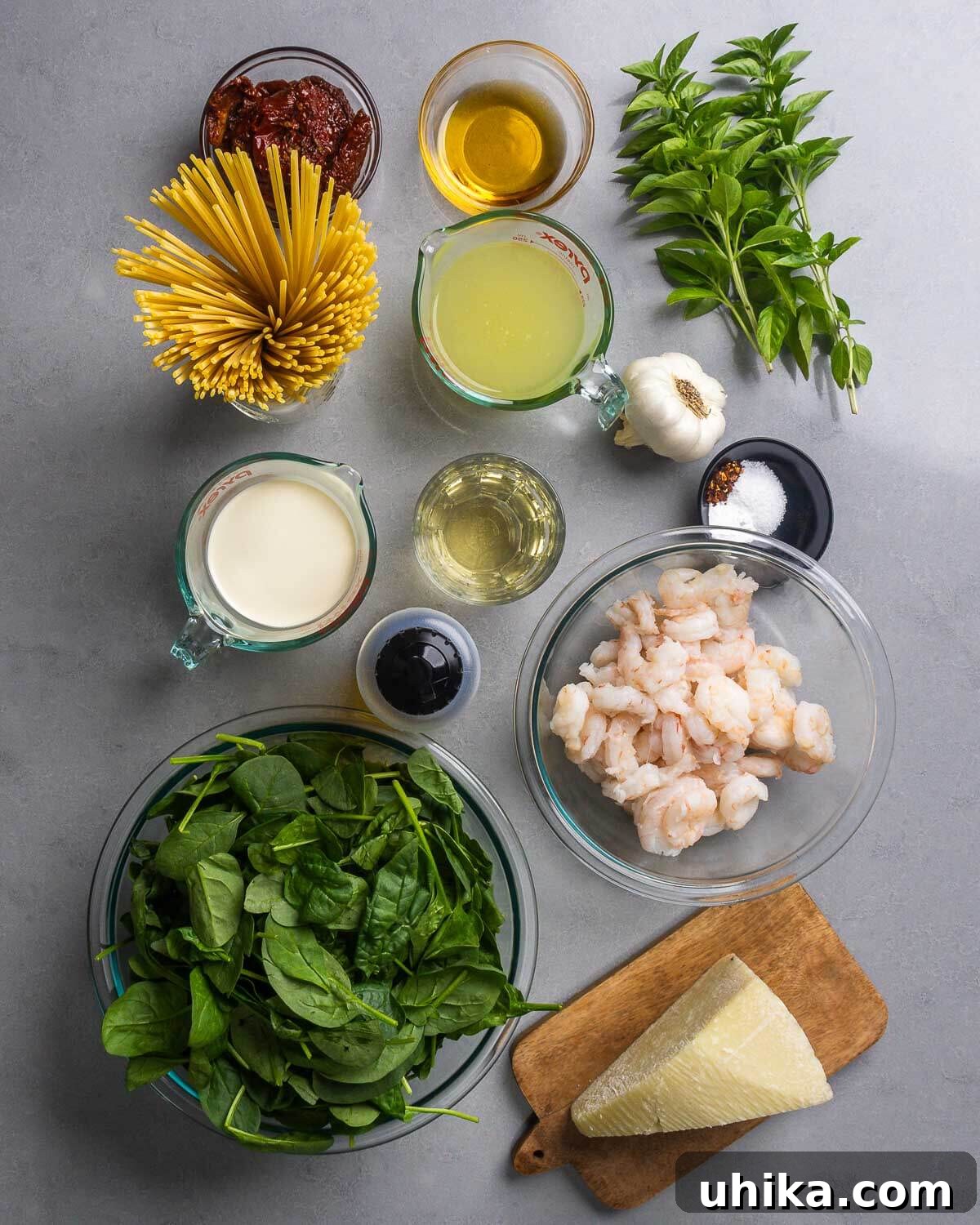 Sunset Shrimp Pasta 3 Ingredients shown: sun dried tomatoes, linguine, sun dried tomato oil, basil, garlic, cream, white wine, olive oil, salt and hot red pepper flakes, shrimp, spinach, and block of Pecorino Romano cheese.