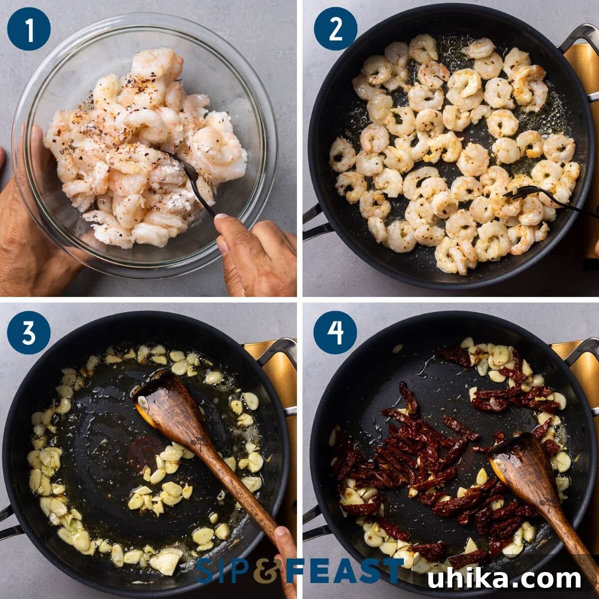 Sunset Shrimp Pasta 4 Creamy sun dried tomato shrimp pasta recipe process collage group one showing brining of shrimp, sauteing shrimp in pan, and sauteing garlic and sun dried tomatoes.