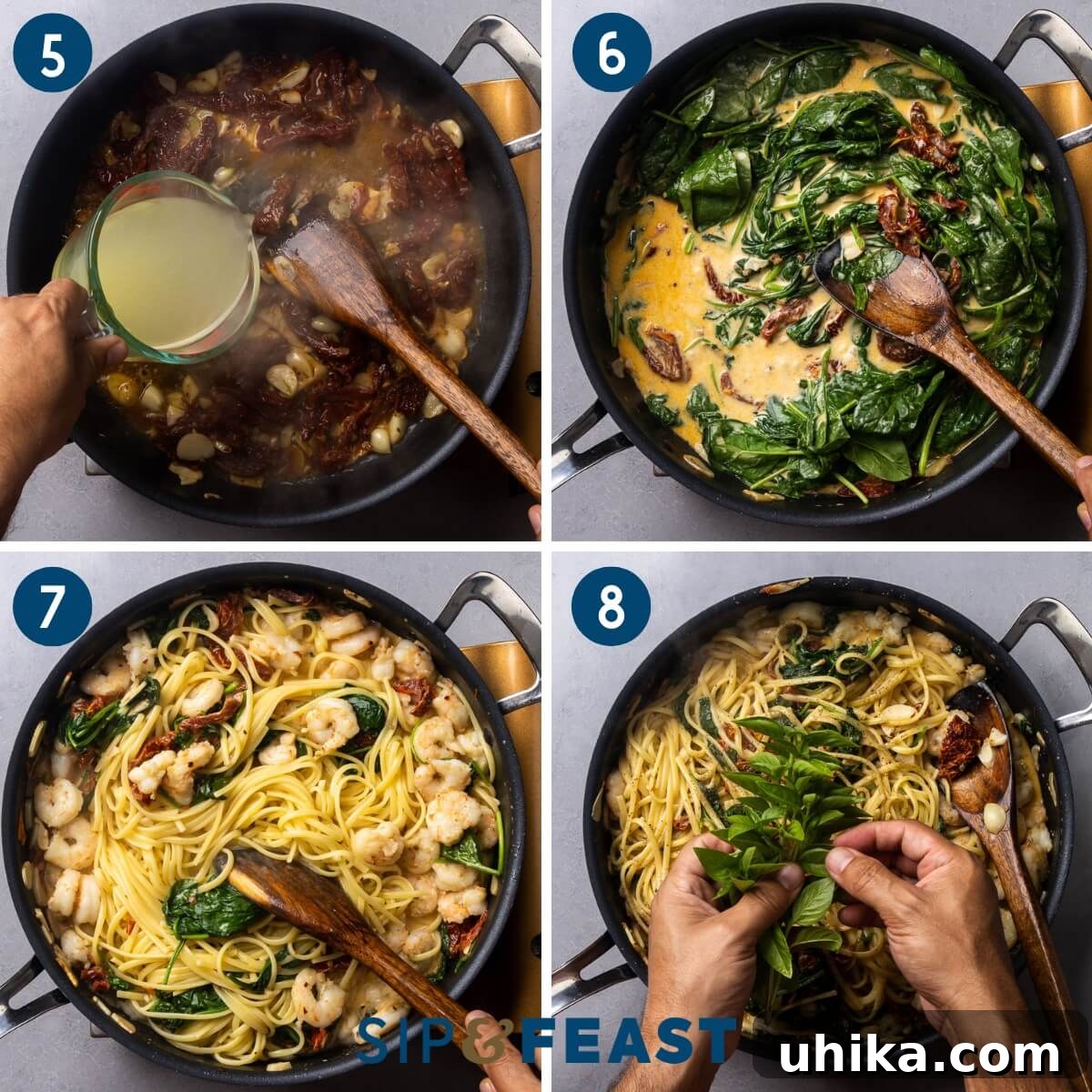 Sunset Shrimp Pasta 5 Recipe collage group two showing adding stock to the pan, simerring the sauce, adding pasta to the sauce, and seasoning and adding basil to the pan.