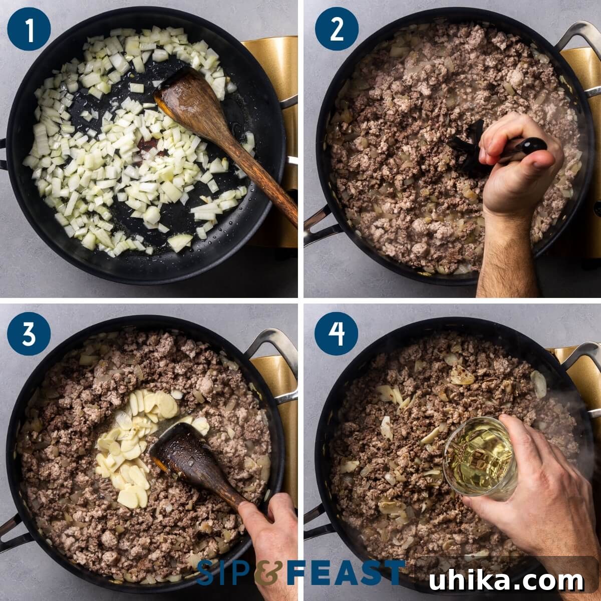 Quick Baked Rigatoni with Savory Meat Ragu 5 Collage of first steps for Pasta al Forno: sautéing onions, browning beef and pork, adding garlic, and deglazing with wine.