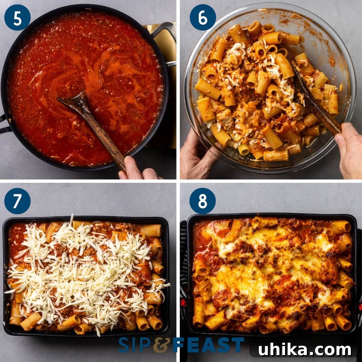 Quick Baked Rigatoni with Savory Meat Ragu 6 Collage of later steps for Pasta al Forno: simmering sauce, mixing pasta and cheese, adding to baking dish, and the finished baked pasta.