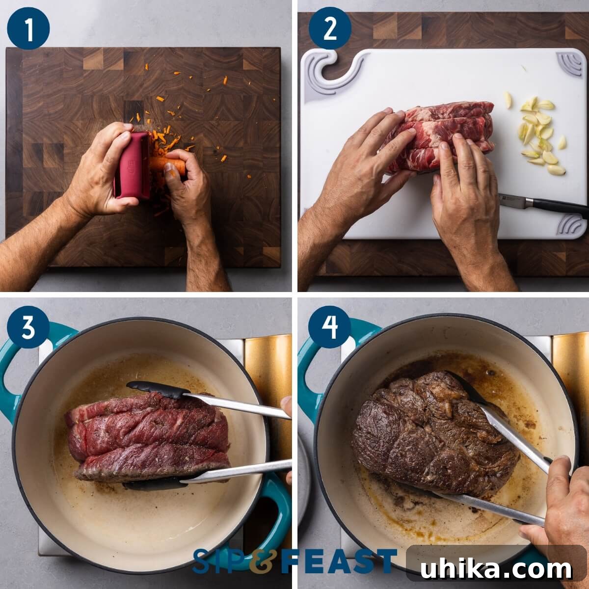 Stracotto Slow-Cooked Italian Pot Roast 4 Stracotto recipe process collage group one showing grating of carrots, inserting garlic into chuck roast, and searing roast in Dutch oven.