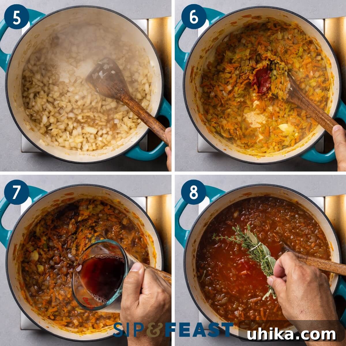 Stracotto Slow-Cooked Italian Pot Roast 5 Recipe collage two showing sauteing of vegetables, deglazing with red wine, and adding herbs to the pot.