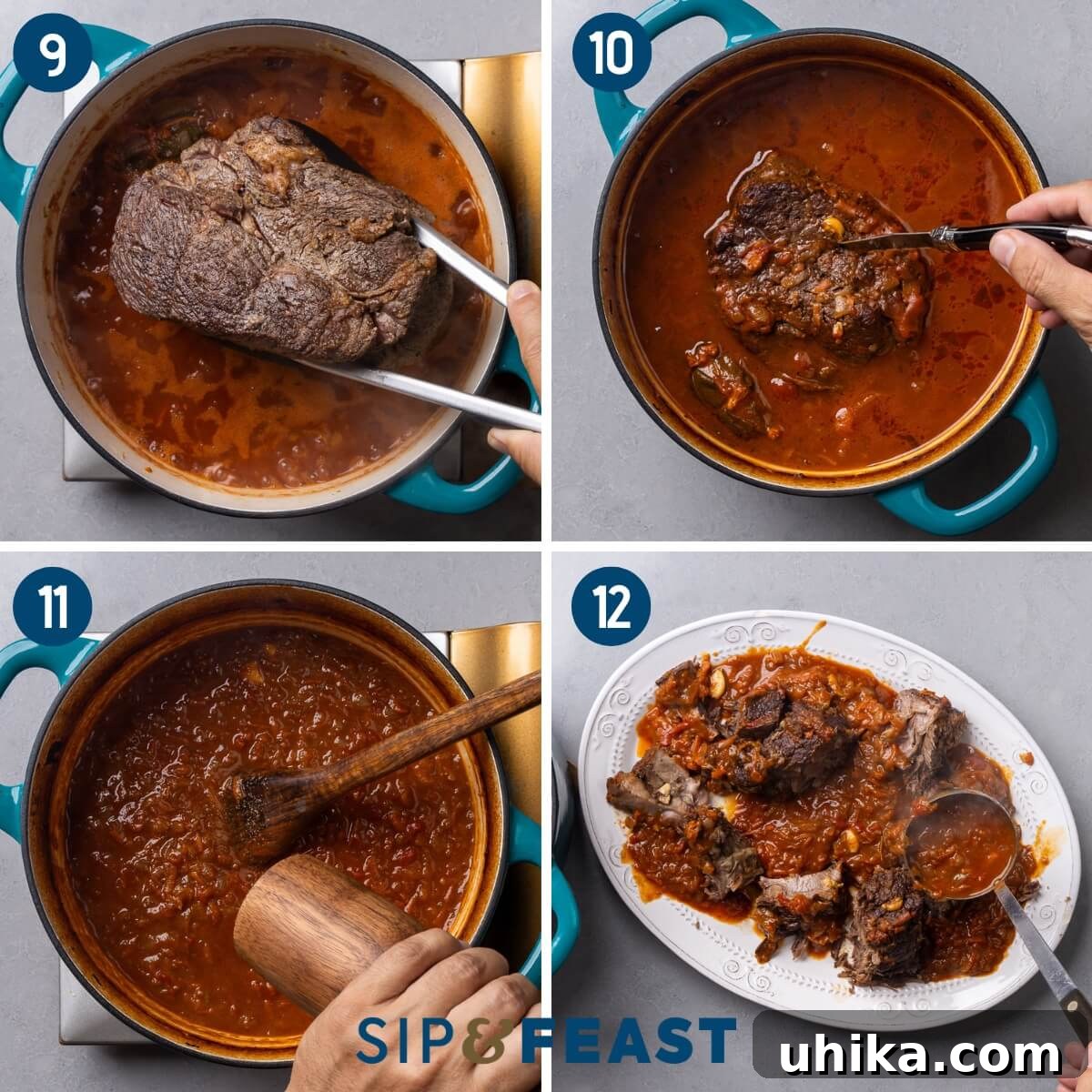 Stracotto Slow-Cooked Italian Pot Roast 6 Recipe collage three showing adding roast to the pot, testing roast fore doneness, seasoning sauce, and plating shredded chuck roast with the sauce.