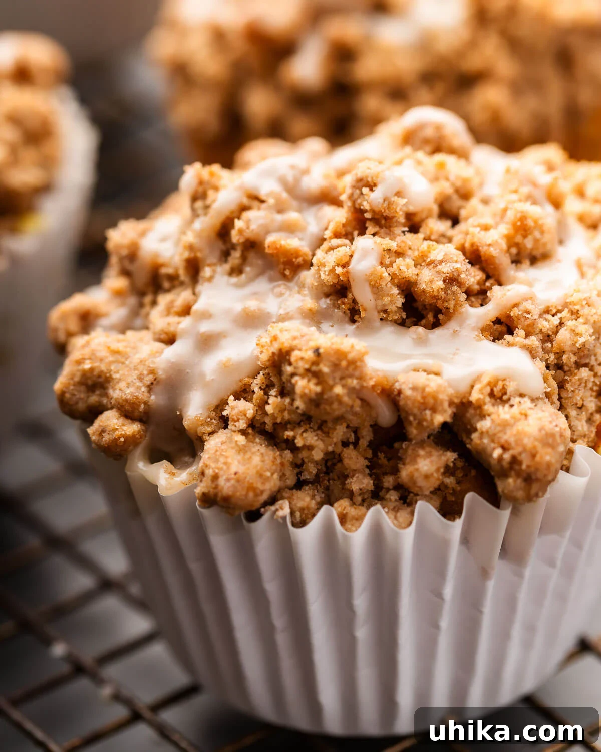 Autumn Pumpkin Crumble Muffins 2 Closeup shot of one pumpkin crumb cake muffin, showcasing its golden crumb topping and moist interior.