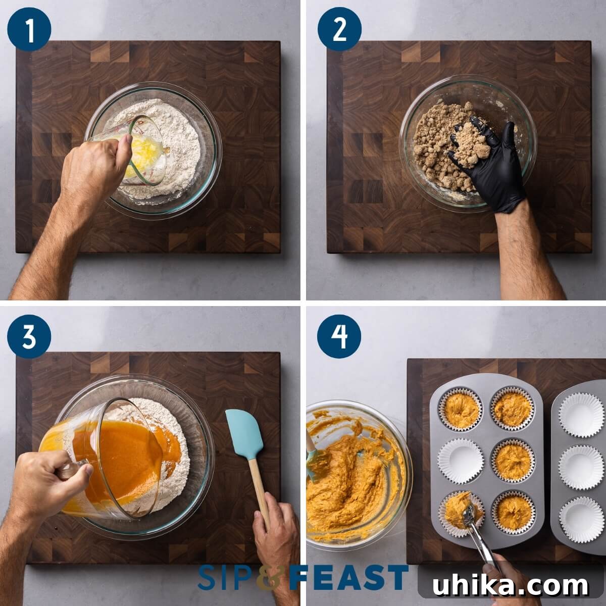 Autumn Pumpkin Crumble Muffins 5 Recipe collage one showing pouring melted butter over flour mixture, mixing crumbs by hand, preparing muffin batter, and scooping batter into a muffin pan.