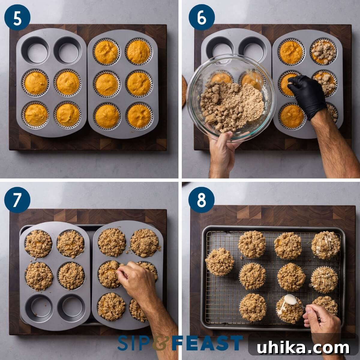 Autumn Pumpkin Crumble Muffins 6 Recipe collage two showing muffins after initial bake, applying crumb topping, testing doneness with a toothpick, and glazing cooled muffins on a wire rack.