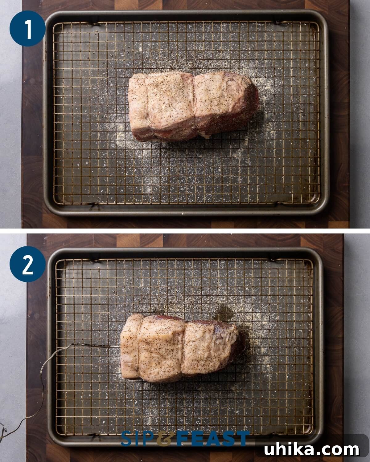 Gourmet Deli Roast Beef 4 Collage showing seasoned eye of round roast on a wire rack and then with an oven-safe temperature probe inserted.