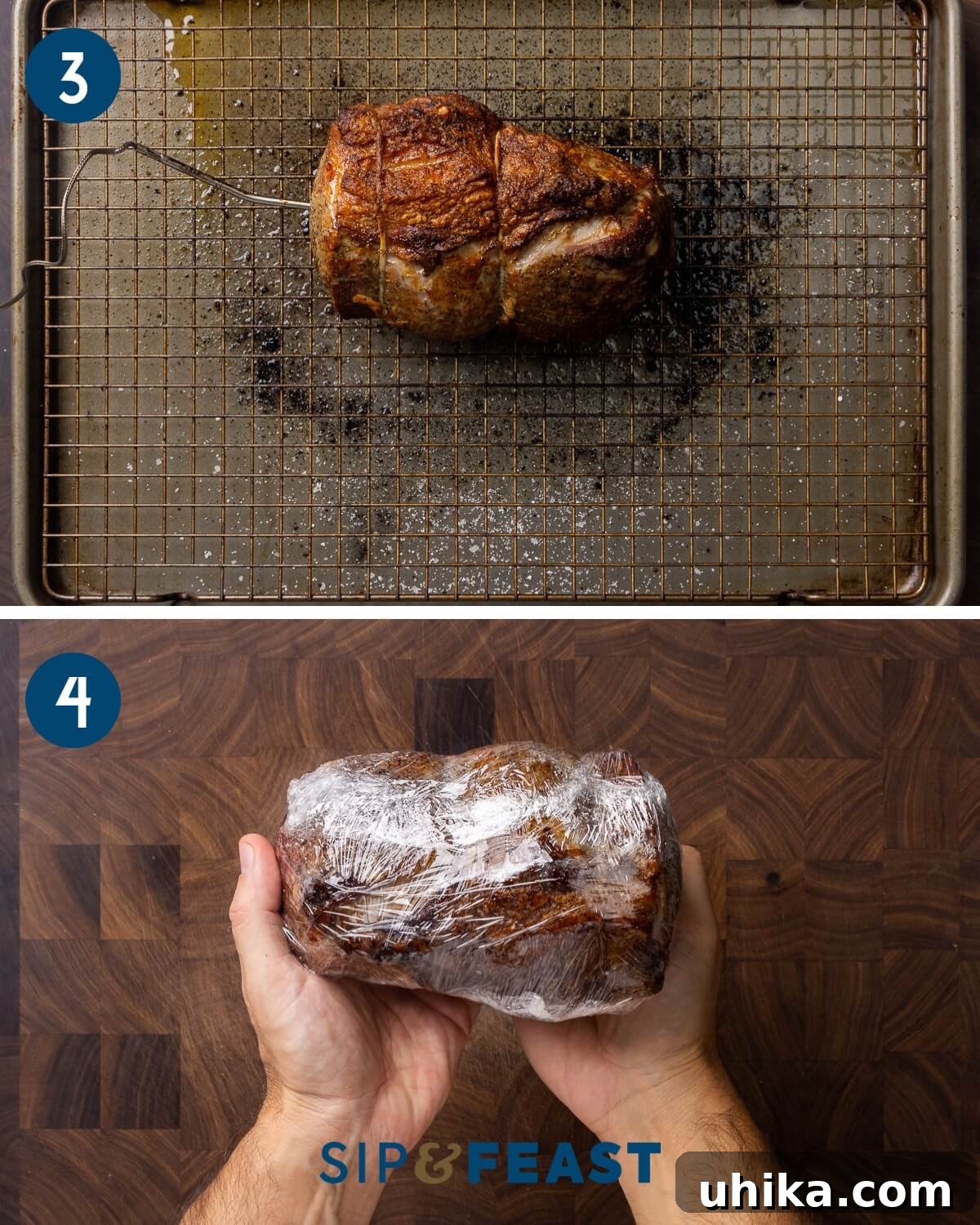 Gourmet Deli Roast Beef 5 Collage showing cooked roast beef resting on a wire rack and hands wrapping the roast beef in plastic.