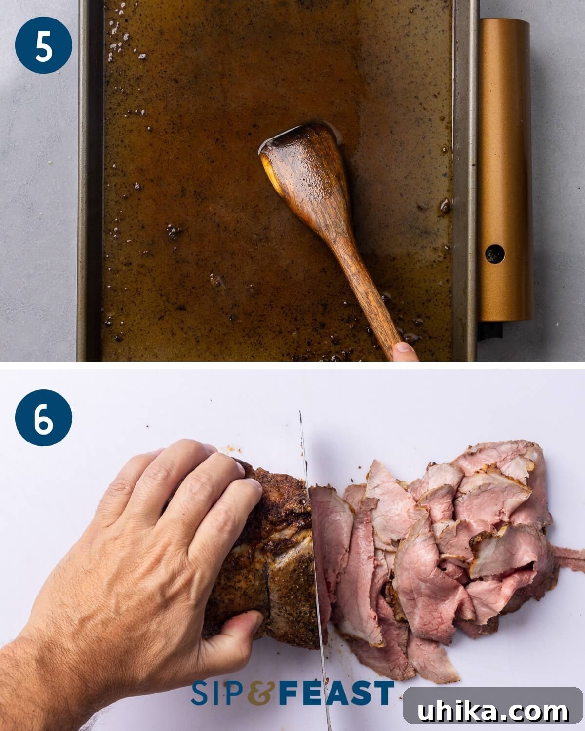 Gourmet Deli Roast Beef 6 Collage showing pan drippings on stovetop to make au jus and a slicing knife being used to thinly slice roast beef.