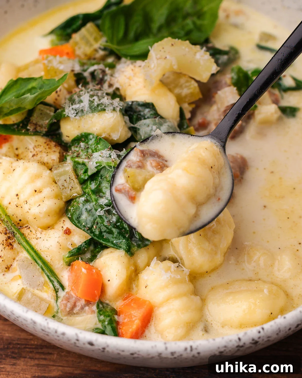 Hearty Sausage Gnocchi Soup 2 Black spoon holding gnocchi over soup bowl.
