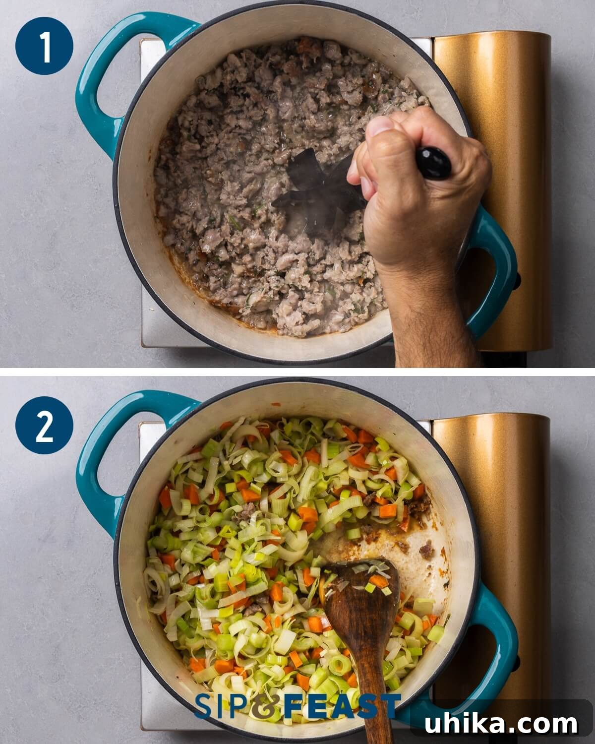 Hearty Sausage Gnocchi Soup 4 Sausage gnocchi soup recipe process collage group one showing sauteing of sausage in Dutch oven and sauteing carrots, leeks, and celery.