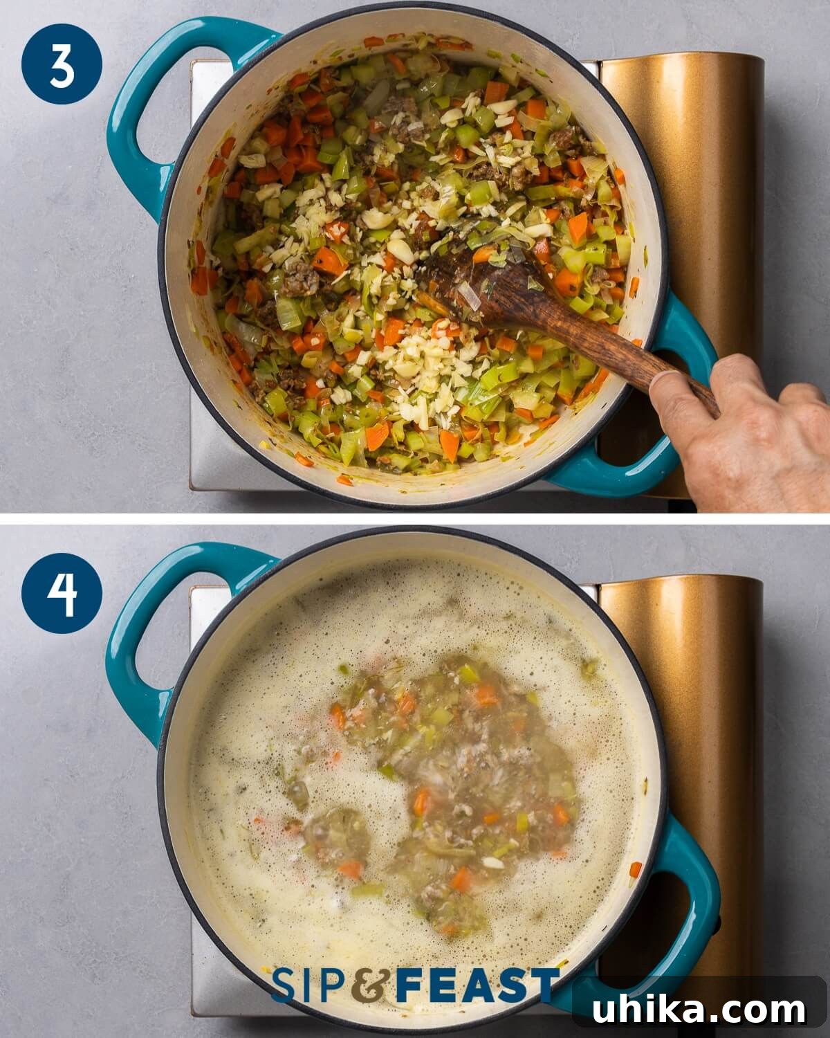 Hearty Sausage Gnocchi Soup 5 Recipe collage two showing adding minced garlic to the pot and bringing soup to a simmer.