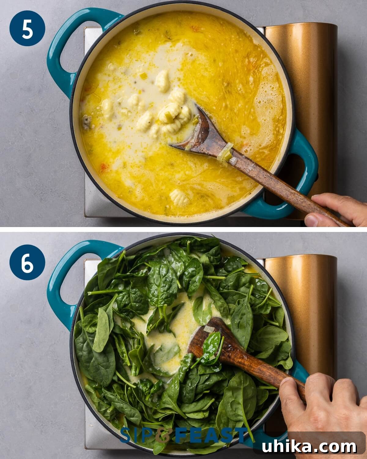 Hearty Sausage Gnocchi Soup 6 Recipe collage three showing adding gnocchi and cream to the soup and adding spinach.