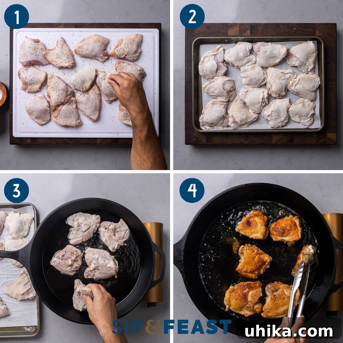 Zesty Italian Vinegar Chicken 4 Collage showing the initial steps of Italian vinegar chicken preparation: seasoning chicken thighs, coating them in flour, and pan-searing them to golden perfection in a cast iron skillet.