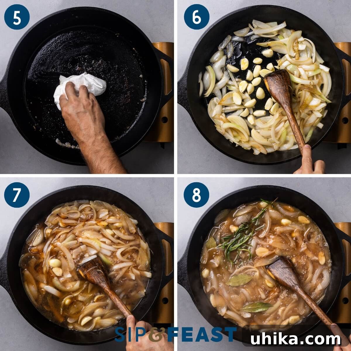 Zesty Italian Vinegar Chicken 5 Recipe process collage showing the pan being wiped clean, onions and garlic sautéing to perfection, and the wine and vinegar sauce simmering on the stovetop.