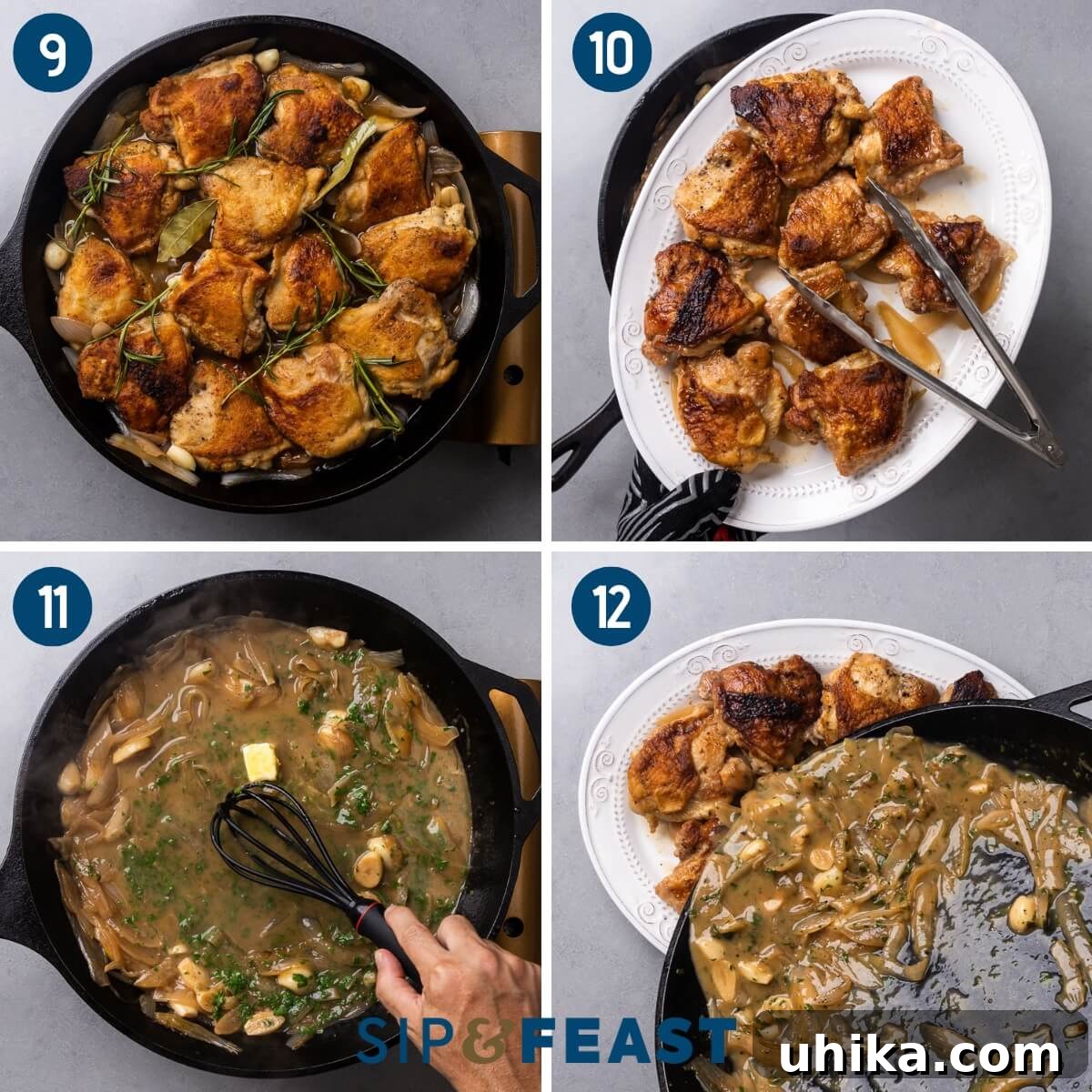Zesty Italian Vinegar Chicken 6 Recipe collage demonstrating the final stages: adding braised chicken back to the sauce, resting chicken on a platter, whisking cold butter into the finished sauce, and pouring the rich sauce over the plated chicken.