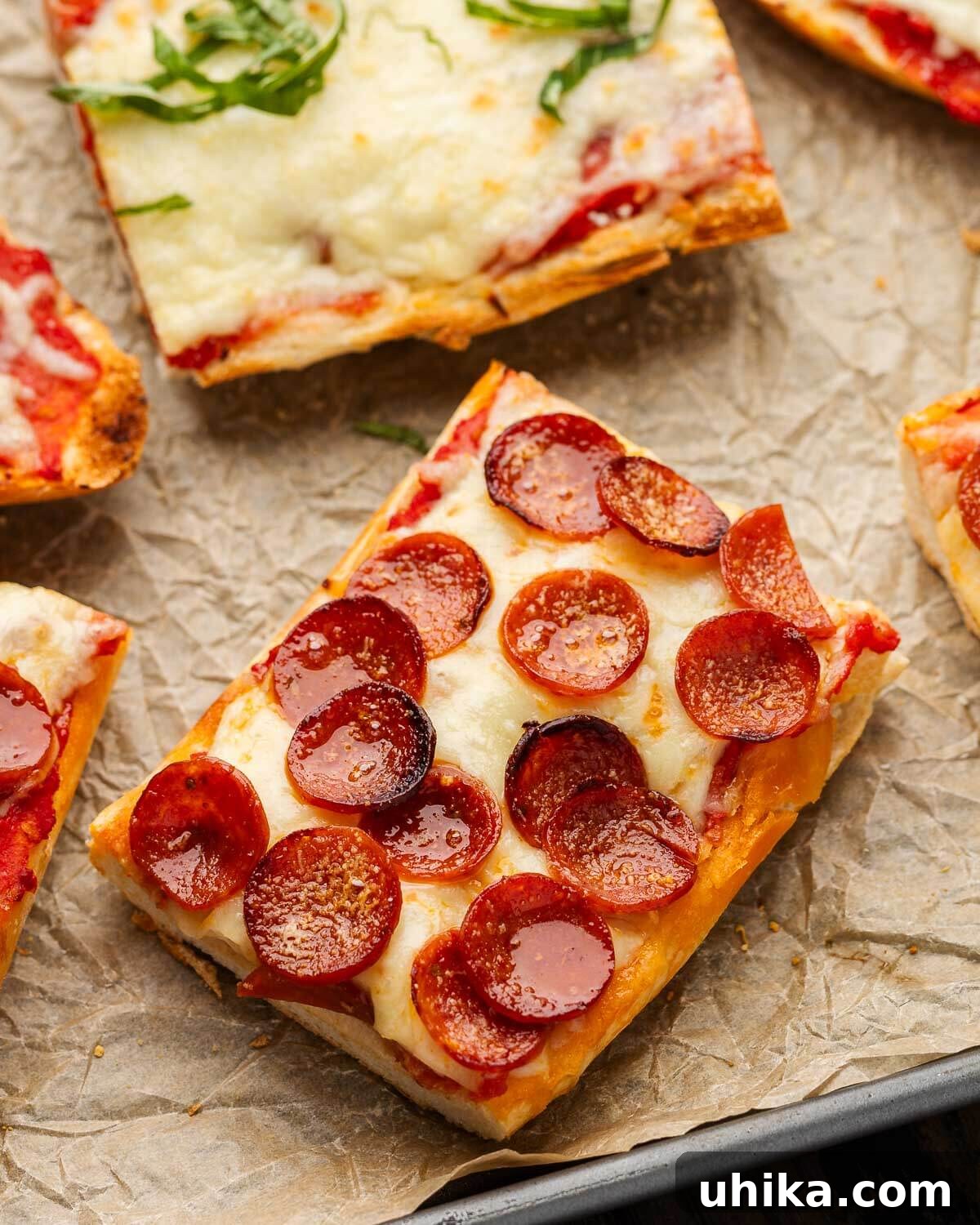Closeup shot of cut French bread pizza slice with pepperoni, showcasing golden crust and melted cheese.