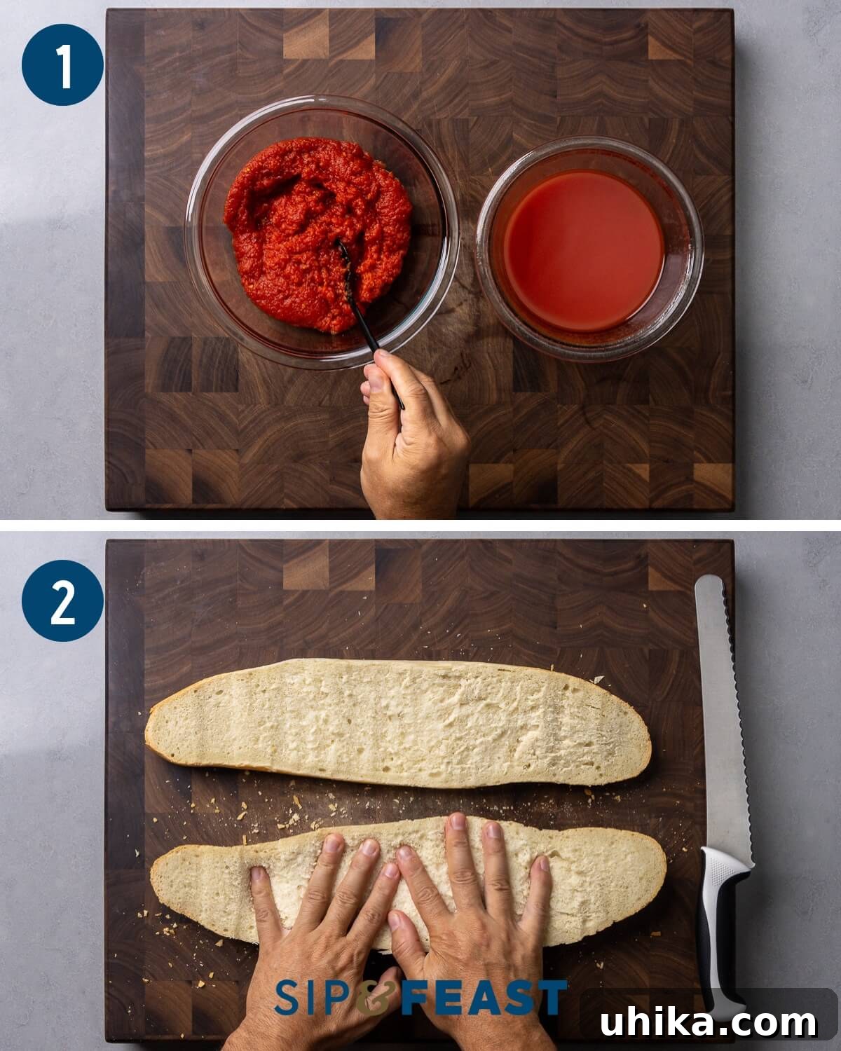 French bread pizza recipe collage group one showing straining of canned tomatoes and pressing down cut loaf of French bread.