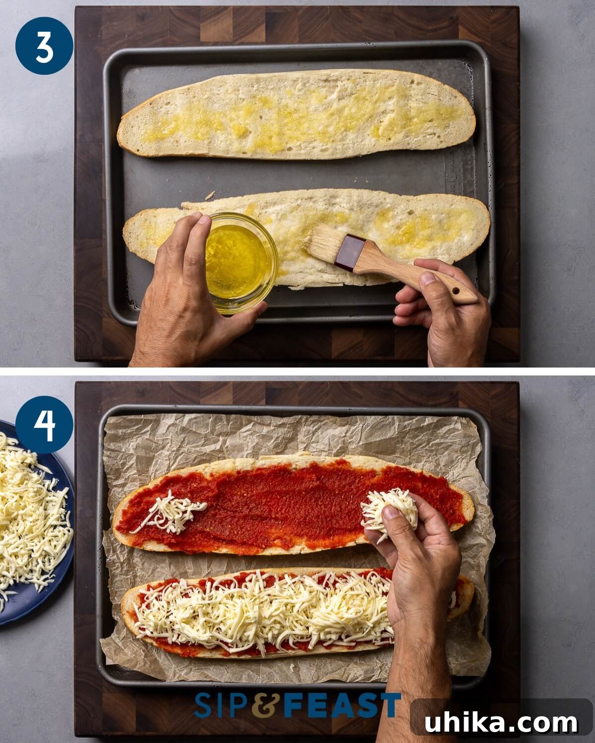 Recipe collage two showing brushing bread with garlic oil and adding sauce and cheese to the bread.