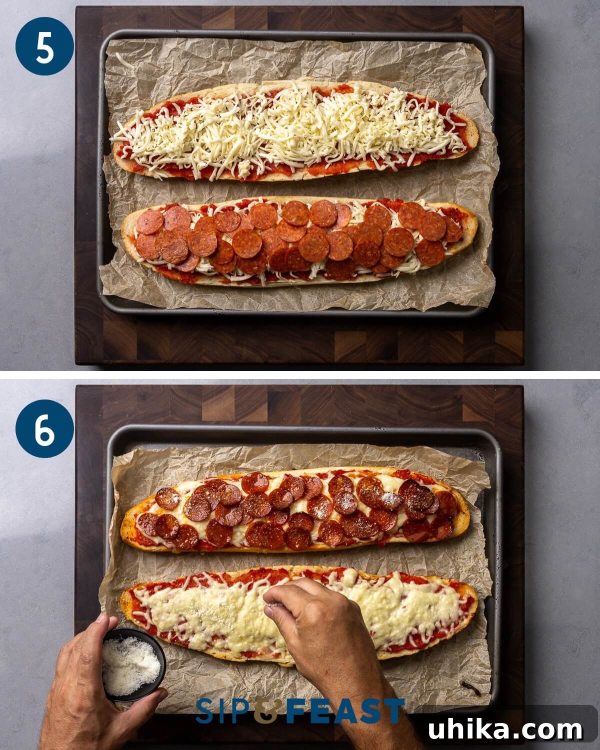 Recipe collage three showing adding pepperoni on one side and adding Pecorino Romano to the cooked pizza.