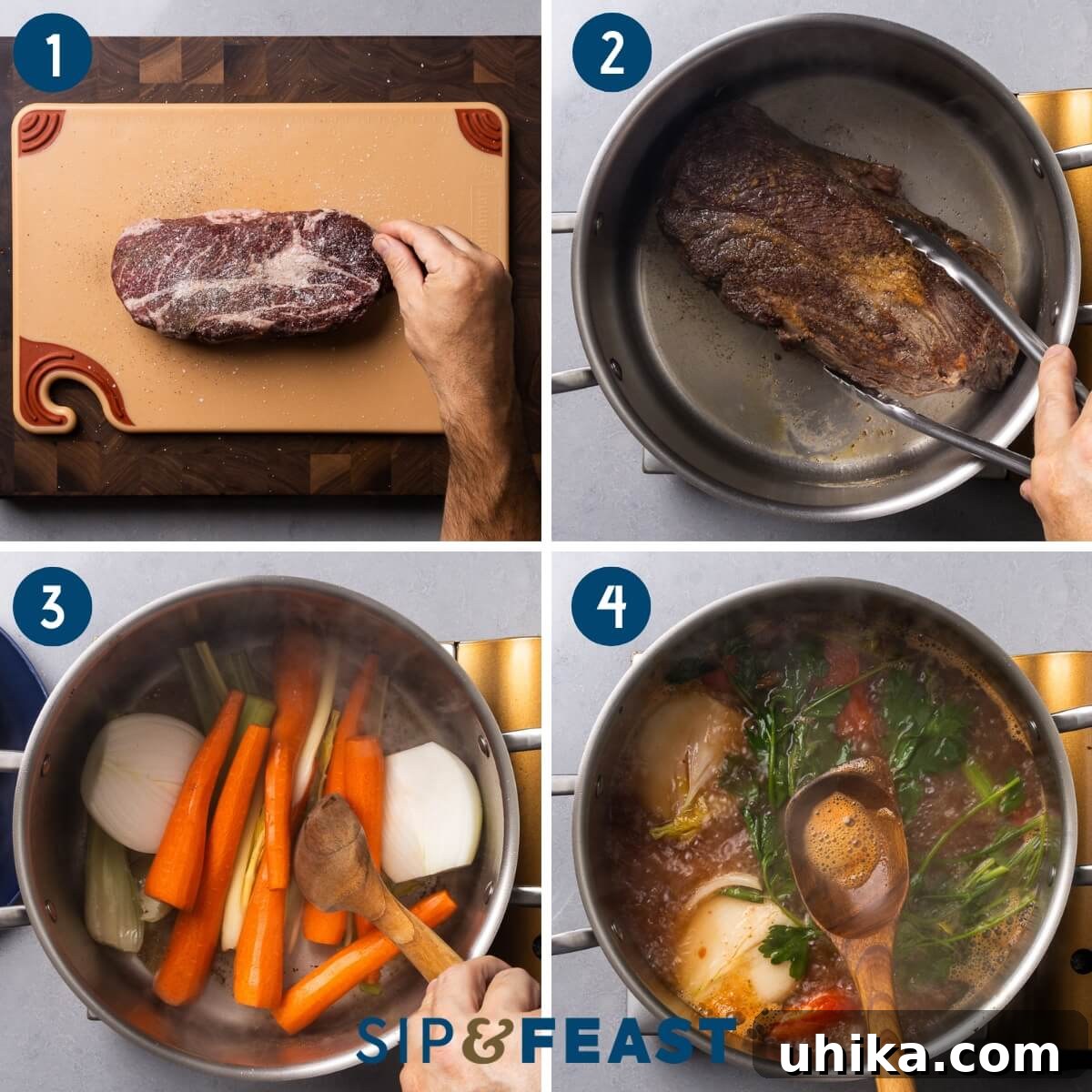 Hearty Italian Beef Soup 4 Italian beef soup recipe collage group one showing seasoning of chuck roast, searing the roast in large pot, sauteing vegetables, and skimming the soup of scum.