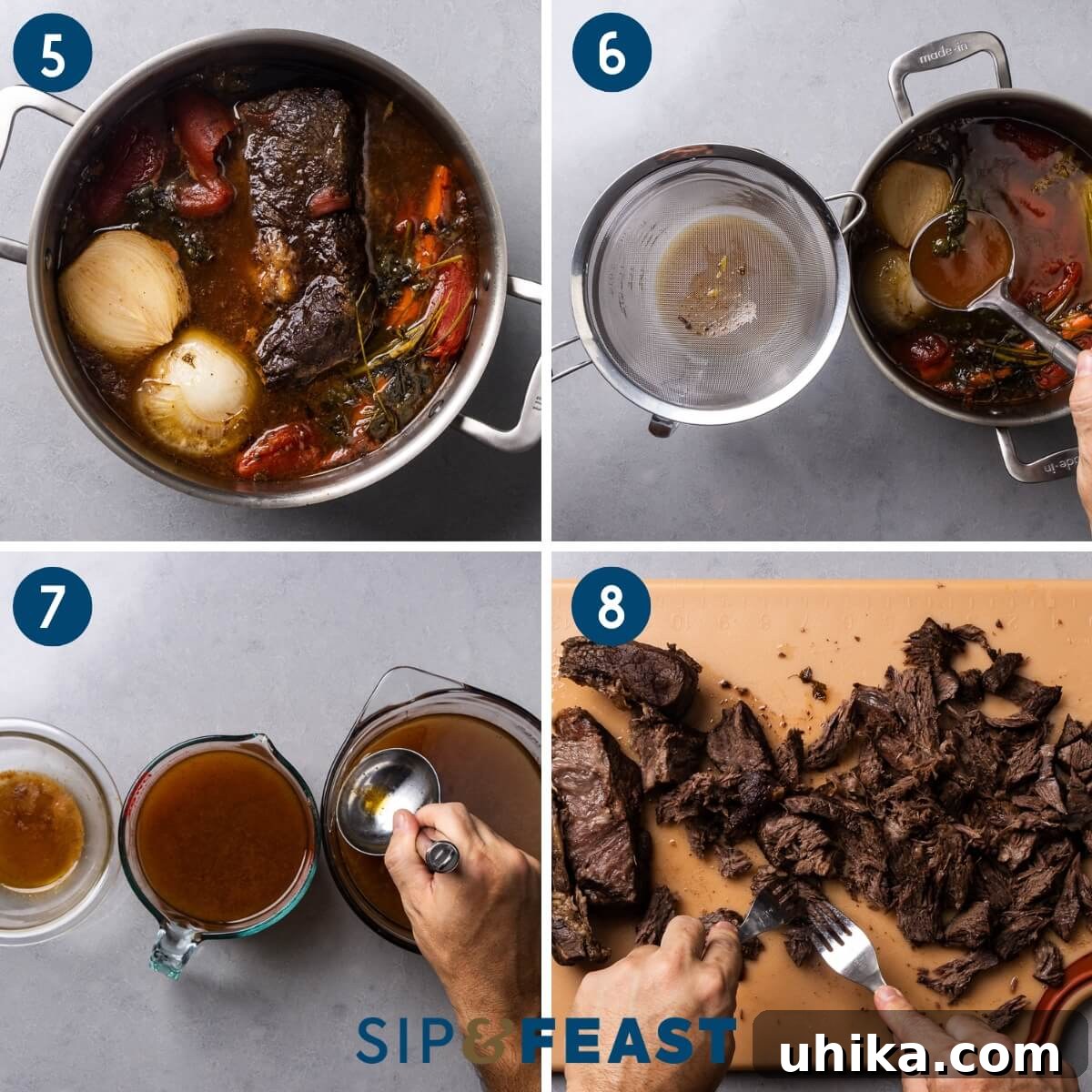 Hearty Italian Beef Soup 5 Recipe collage two showing soup after 4 hours of cooking, straining the broth, defatting the broth, and shredding the beef.