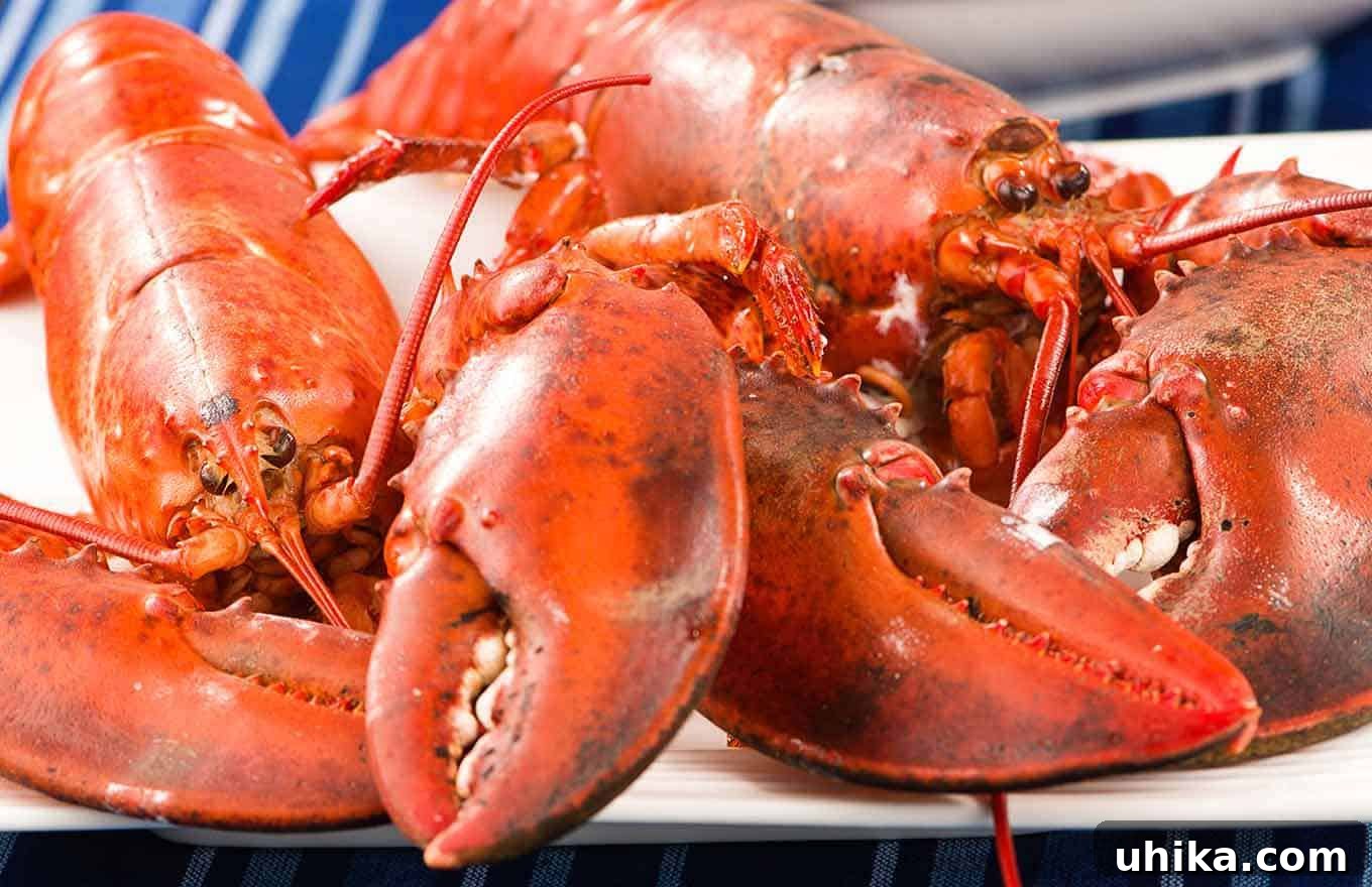 Seaside Simmer at Home 4 Close-up of two fully-cooked, whole lobsters on a plate.