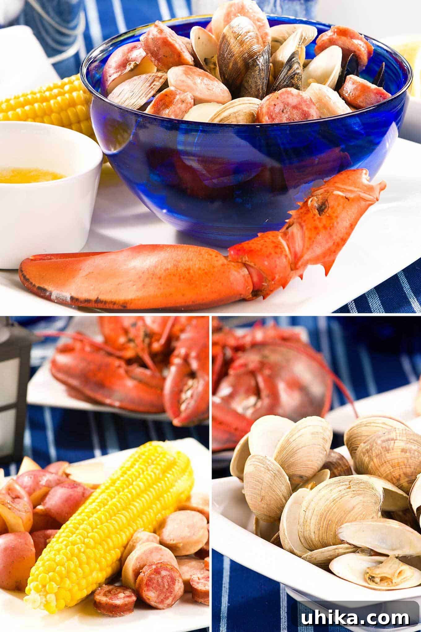 Seaside Simmer at Home 7 Collage photo of stovetop clambake ingredients including corn, potatoes, sausage, melted butter, and steamed clams.