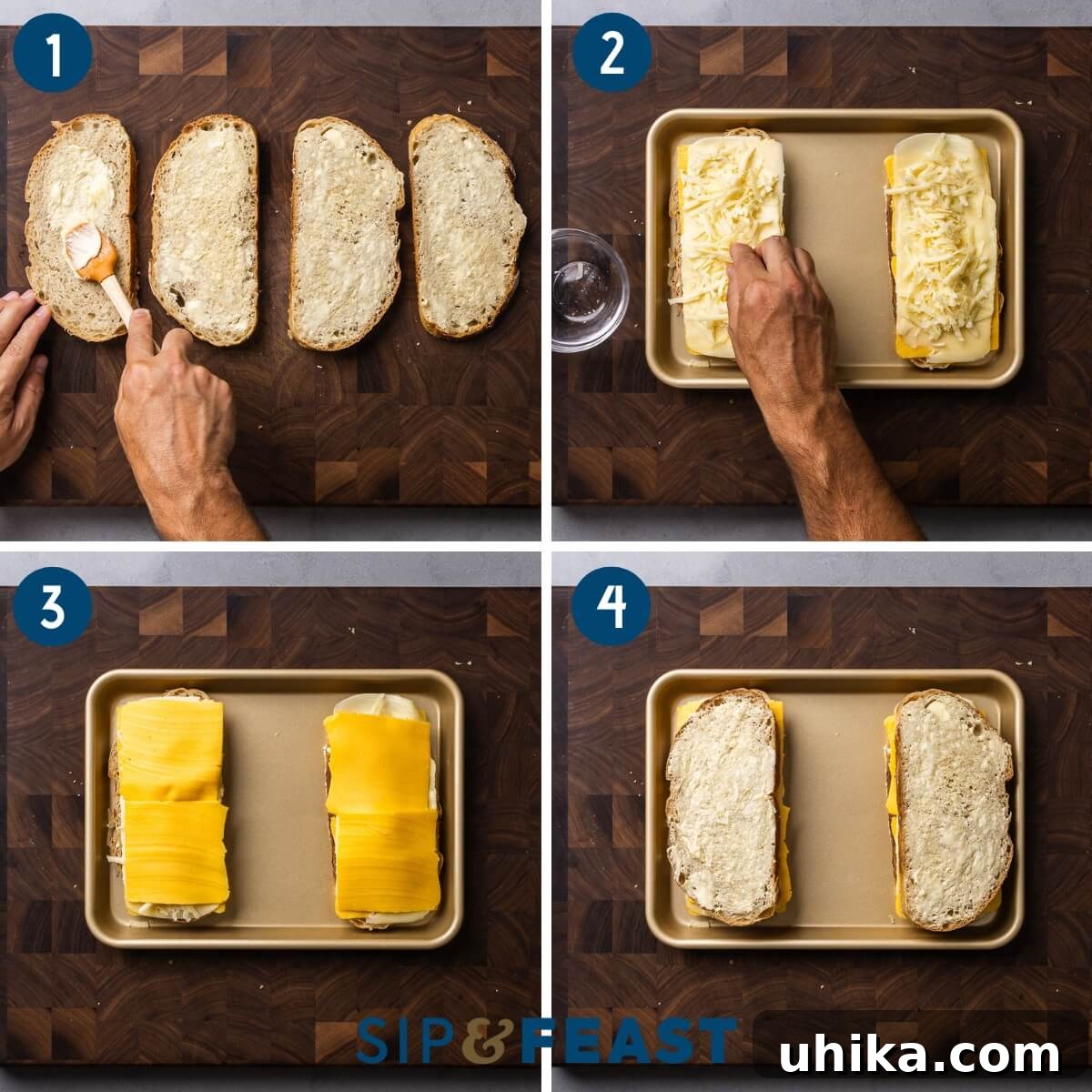 Perfectly Golden Grilled Cheese Indulgence 4 Grilled cheese recipe process showing buttering sourdough bread, adding cheese layers, and assembling sandwiches.