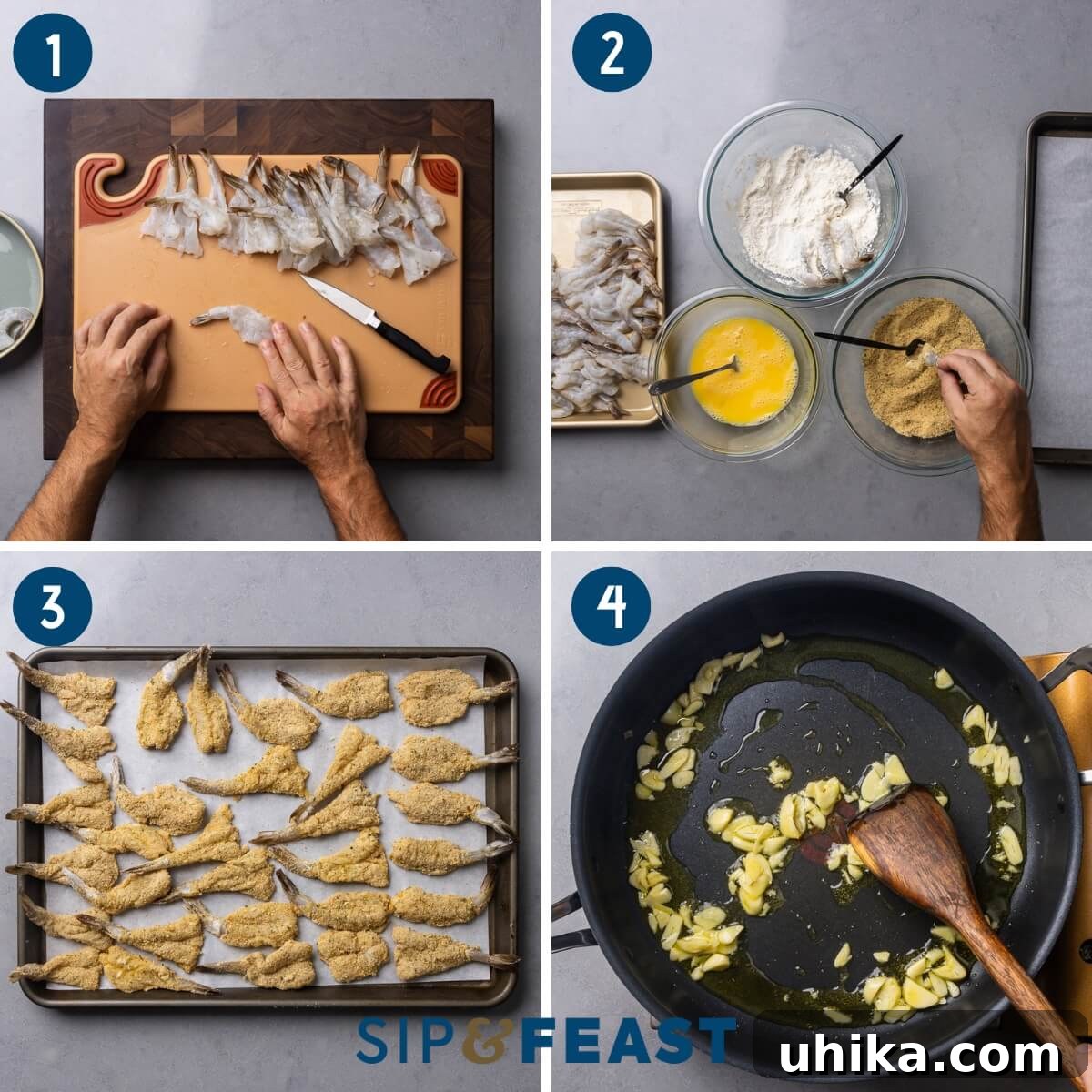 Golden Baked Shrimp Parm 4 Shrimp parmigiana recipe process shot collage group one showing butterflying of shrimp, breading the shrimp, placing breaded shrimp on baking sheet, and sauteing garlic in olive oil.