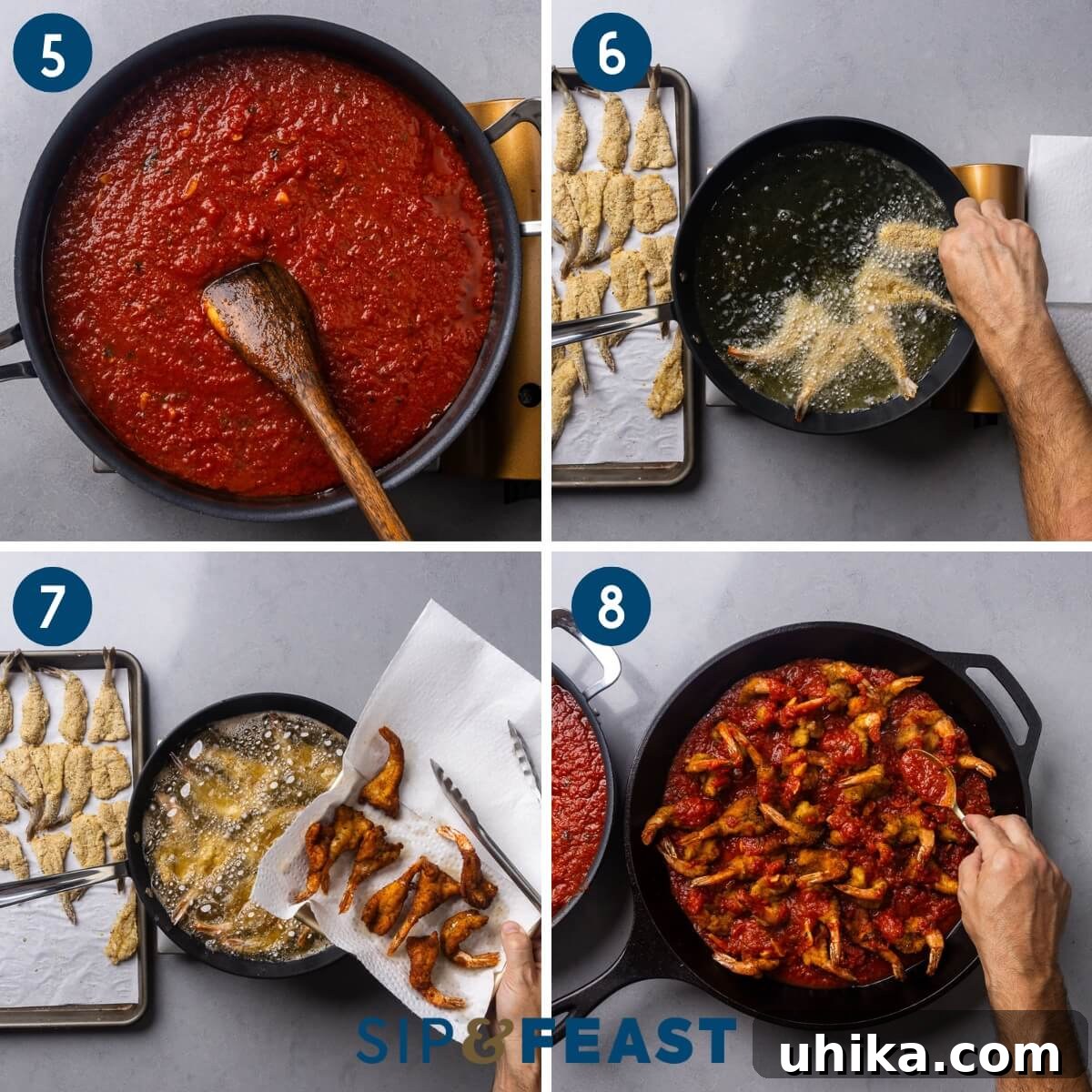 Golden Baked Shrimp Parm 5 Recipe collage two showing the simmering of the sauce, frying the shrimp in large pan, placing the shrimp on a paper towel lined plate, and saucing the fried shrimp in a large pan.