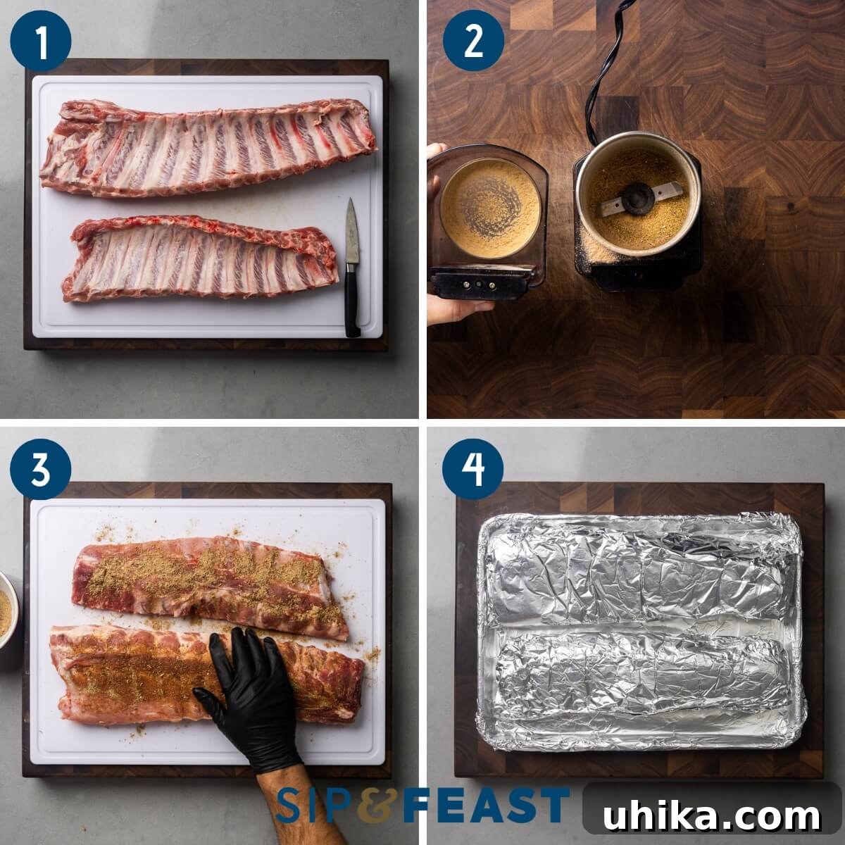 Rustic Tuscan Balsamic Glazed Ribs 4 Recipe collage group one showing ribs on cutting board, spice rub in coffee grinder, rubbin the spice on the ribs, and foil wrapped ribs on baking sheet.