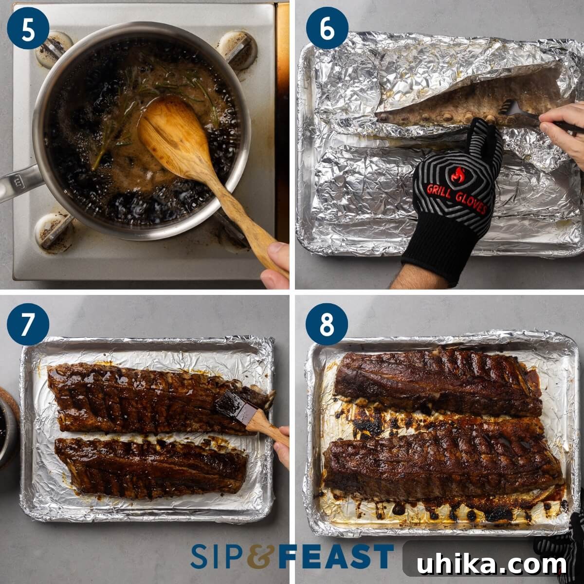 Rustic Tuscan Balsamic Glazed Ribs 5 Recipe collage two showing making of balsamic glaze, testing ribs for doneness, glazing the ribs, and finished ribs on baking sheet.
