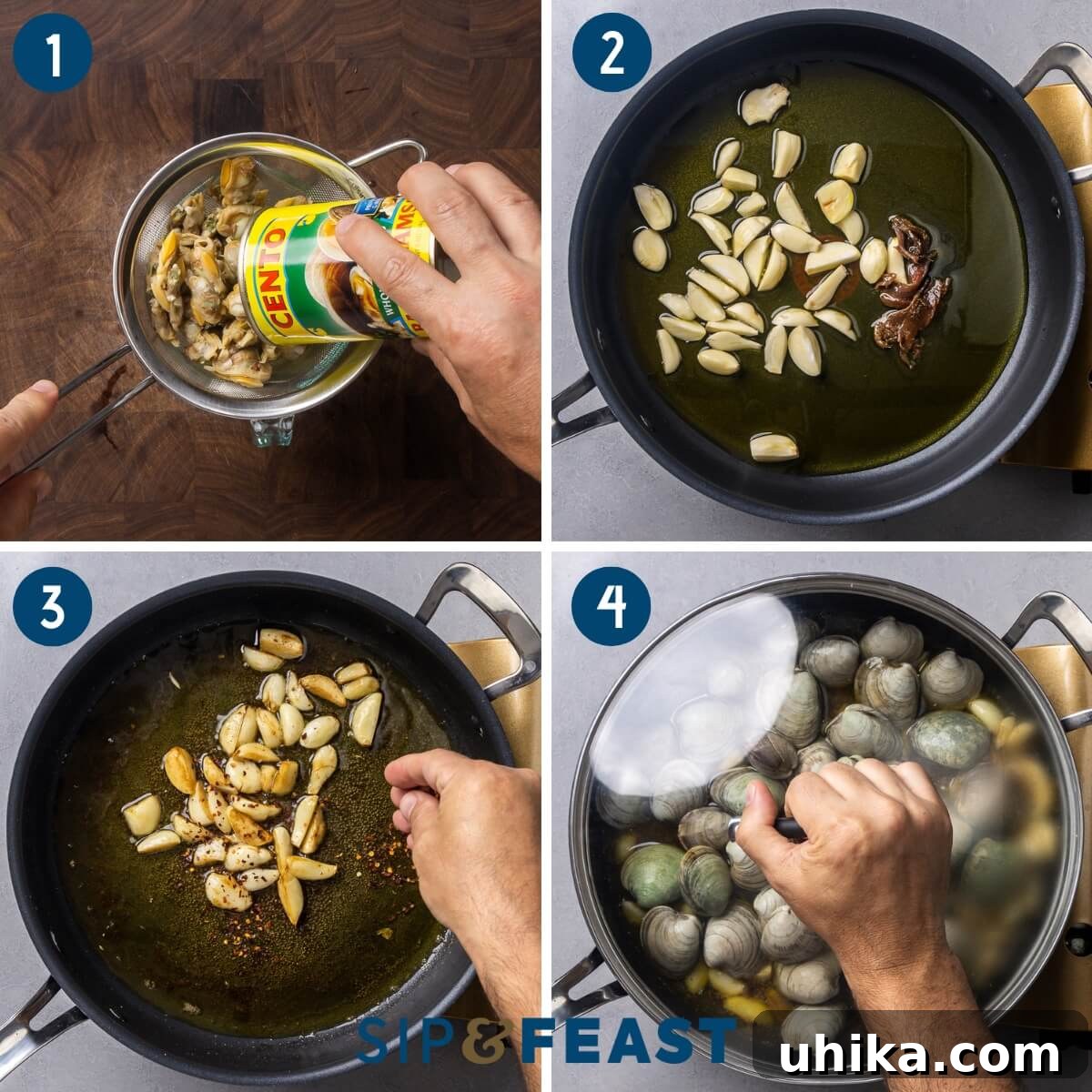 Linguine alle vongole recipe process shot collage group one showing sauteing garlic and anchovies and steaming whole clams.