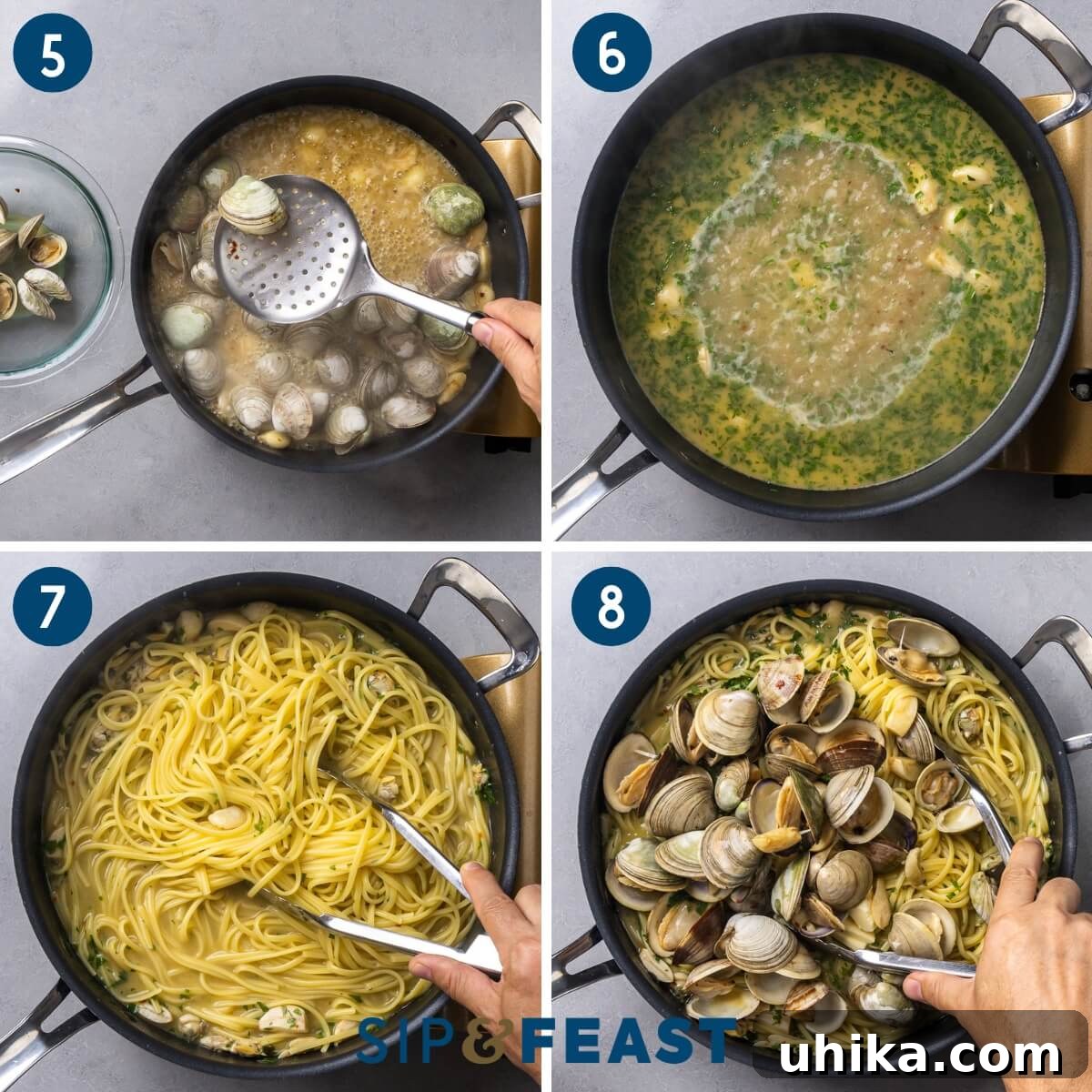 Recipe collage two showing removing clams as they open, simmering the sauce, tossing the linguine in the sauce, and mixing in the whole clams.