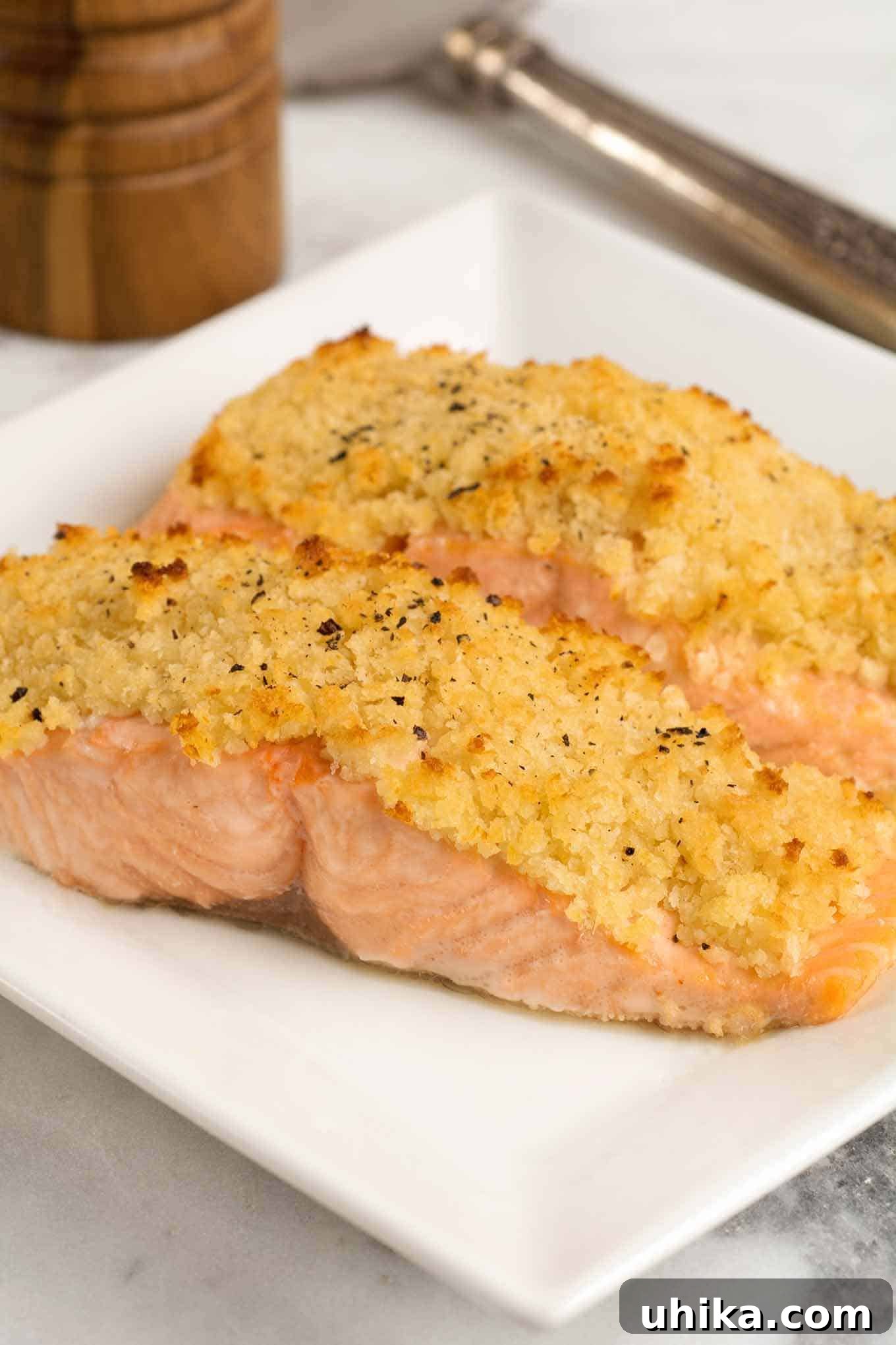 Spicy Horseradish Crusted Salmon 2 Two fillets of roasted salmon with a golden horseradish and crumb crust on a white square plate, garnished with fresh herbs.