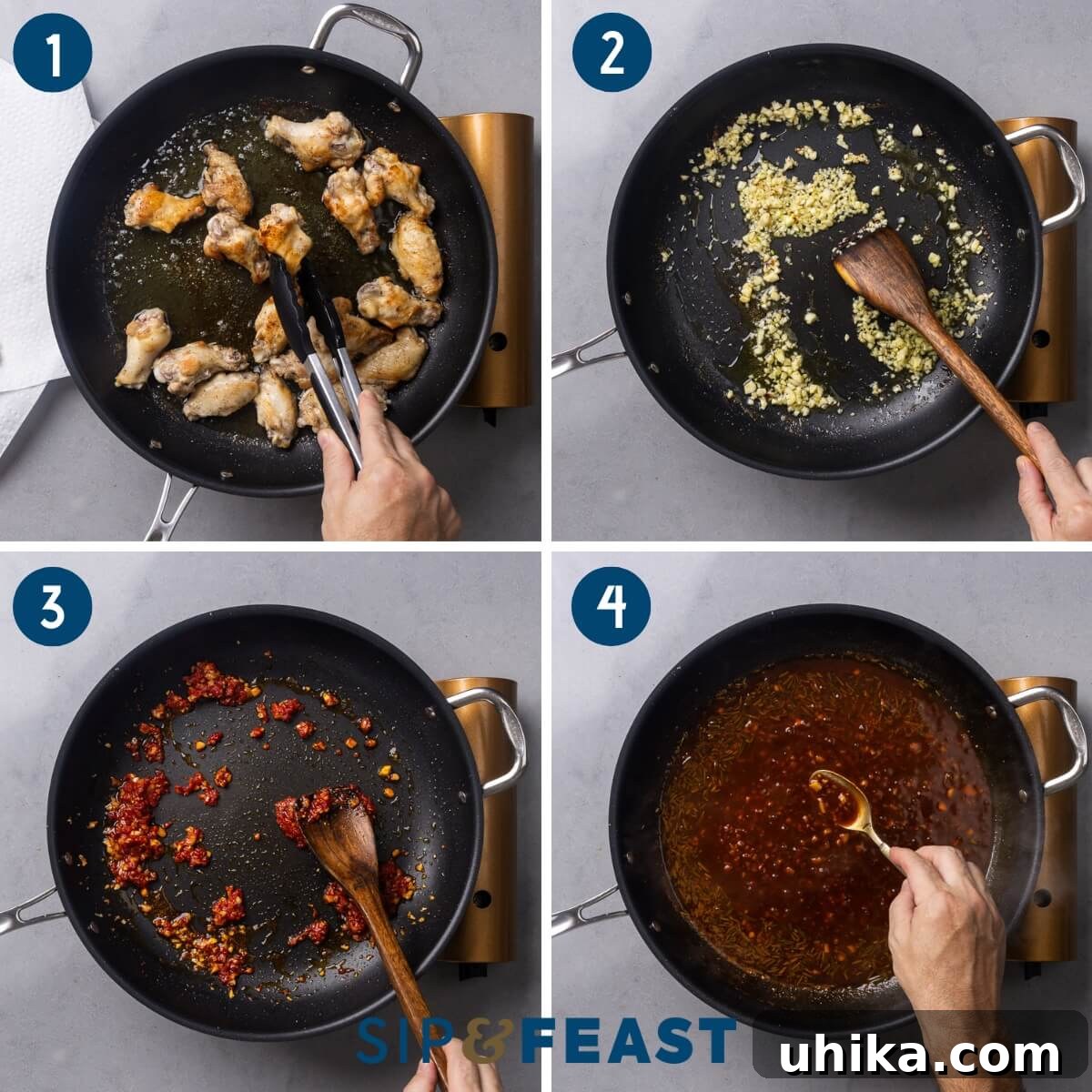 Luscious Balsamic Braised Wings 3 Recipe collage group one showing frying the wings, sauteing garlic, sauteing tomato paste, and reducing sauce.