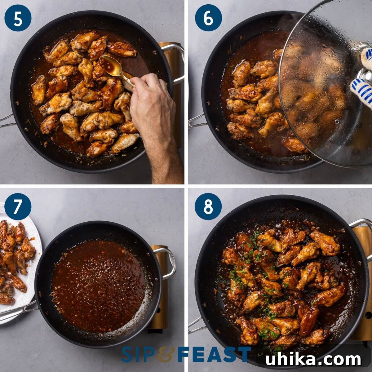 Luscious Balsamic Braised Wings 4 Recipe collage two showing placing wings in sauce pan, braising the wings, thickening the sauce, and adding the wings back to the sauce.