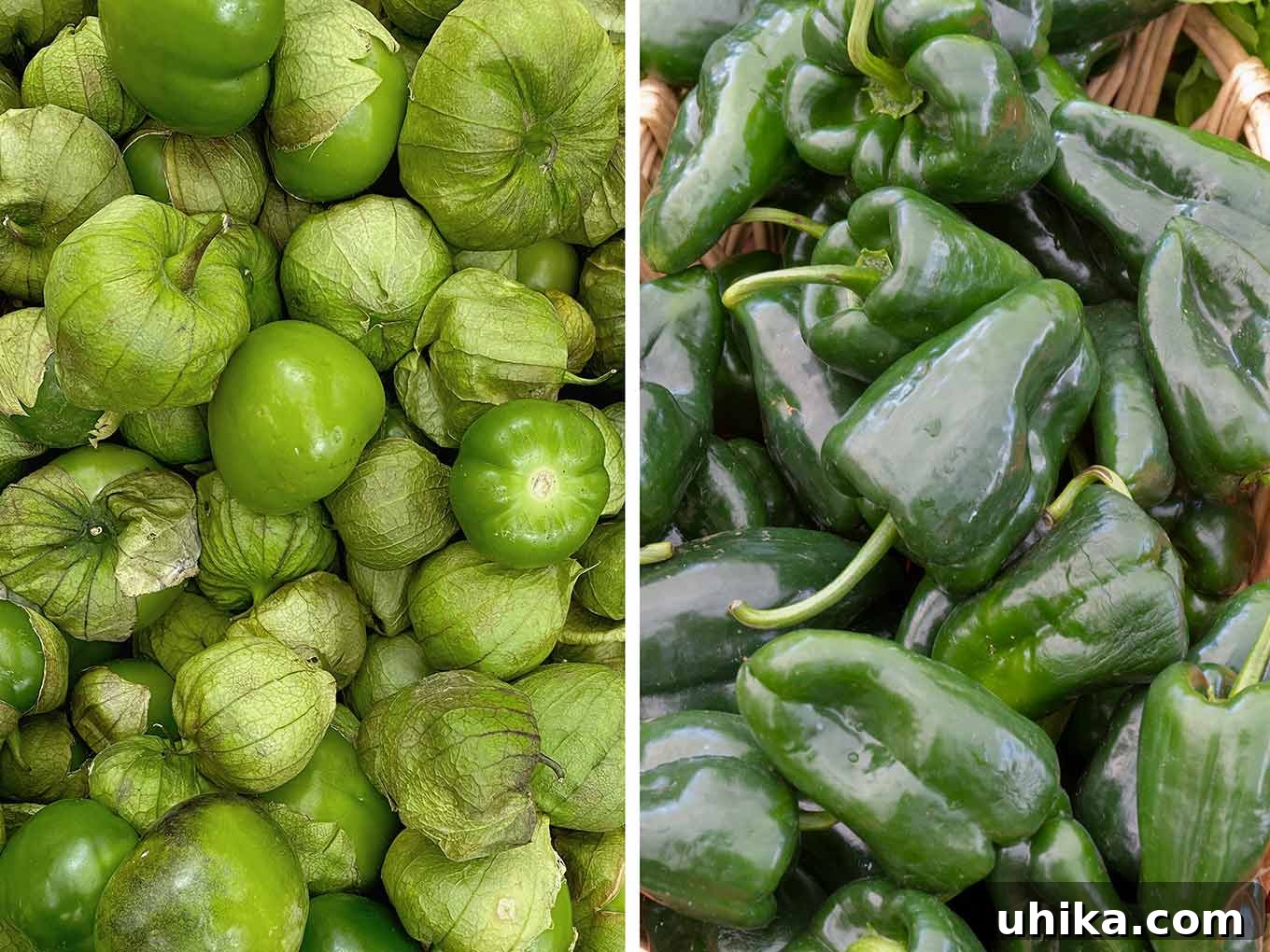 Emerald Pasta 3 Side-by-side photos of fresh salsa verde ingredients; vibrant green tomatillos and dark green poblano peppers displayed at a bustling market, ready for cooking.